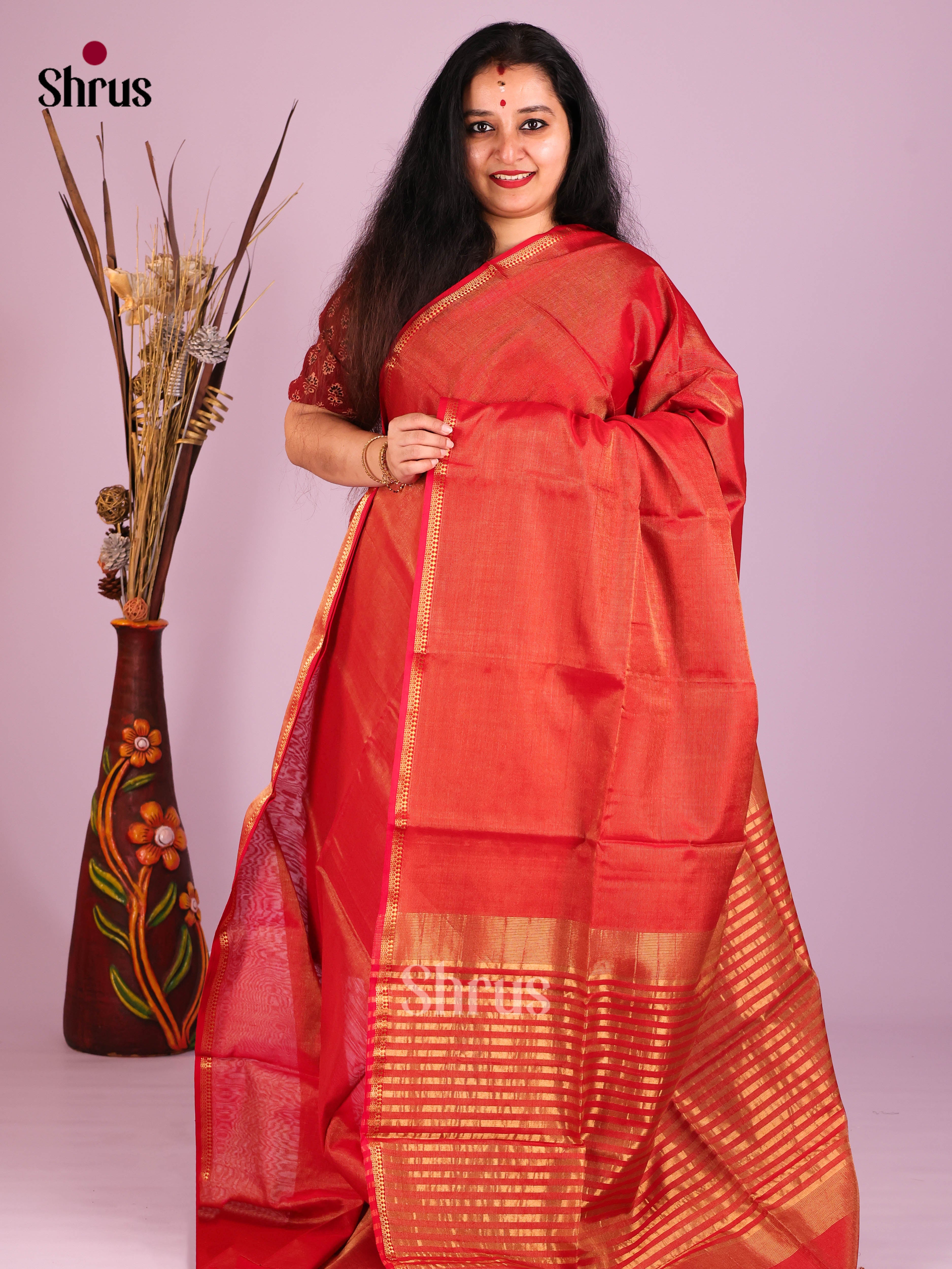 Red(Single Tone)- Maheshwari silkcotton Saree