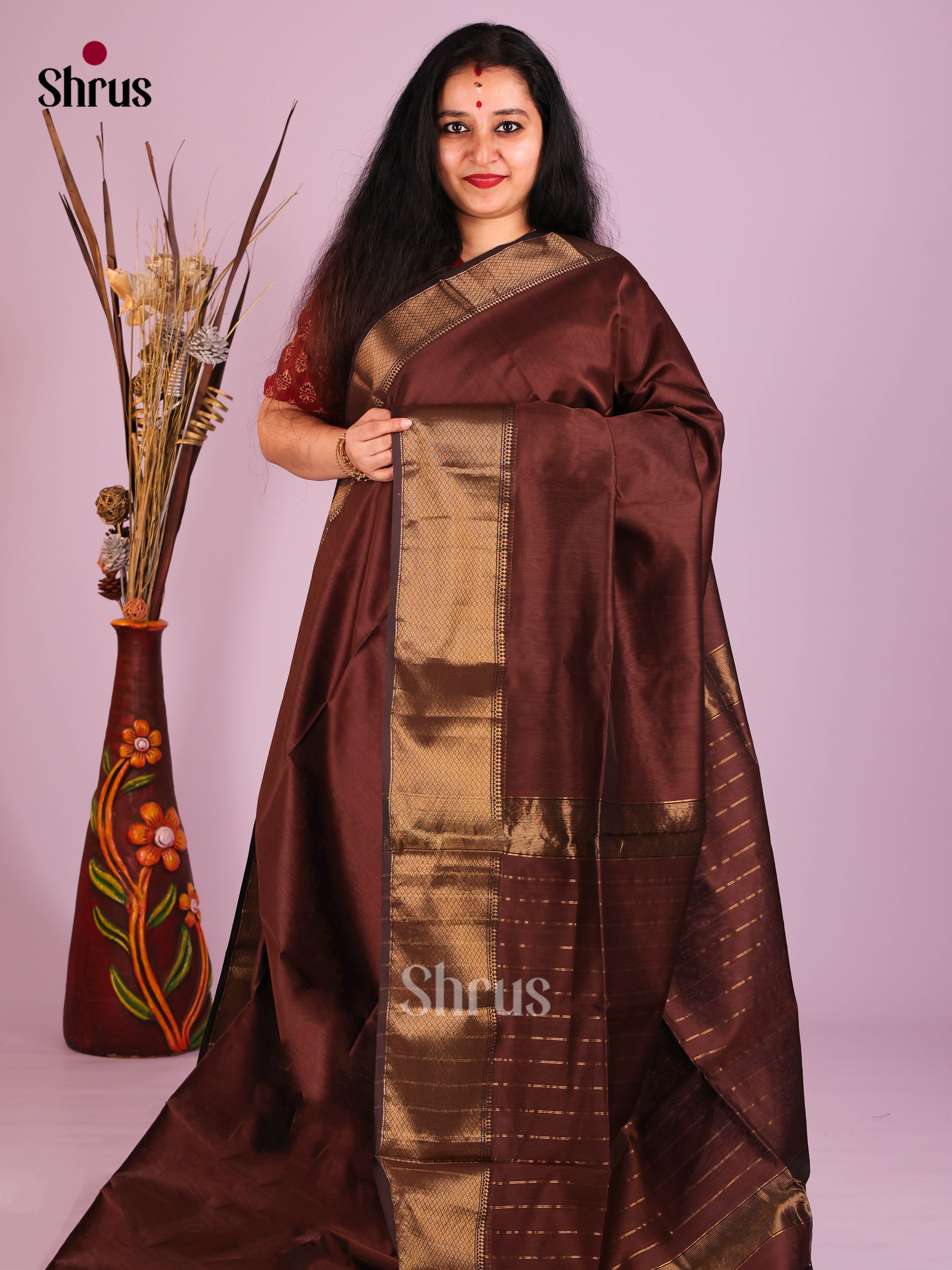 Brown(Single Tone) - Maheshwari silkcotton Saree