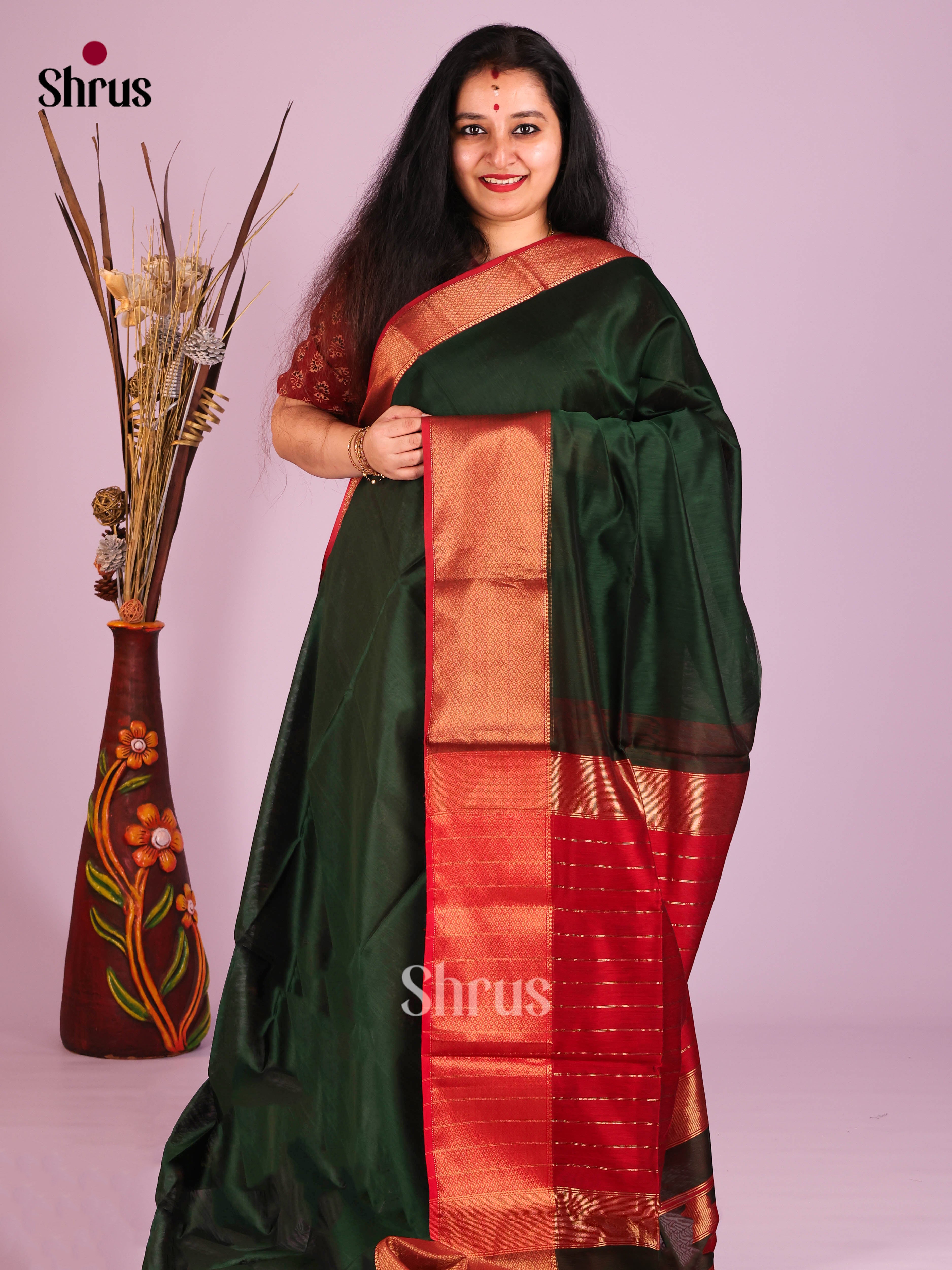 Green & Red - Maheshwari silkcotton Saree - Shop on Shrus.com