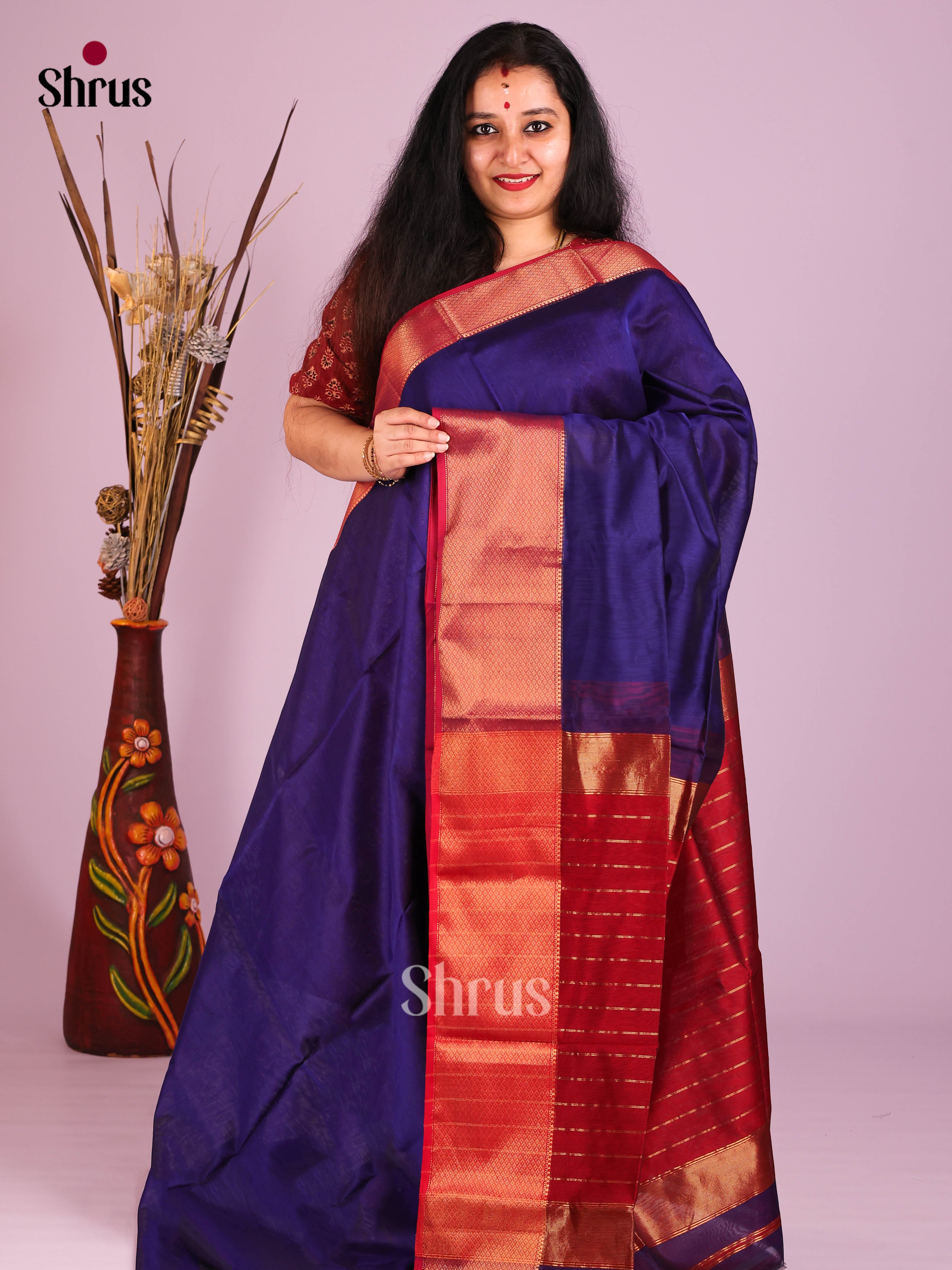 Blue & red- Maheshwari silkcotton Saree