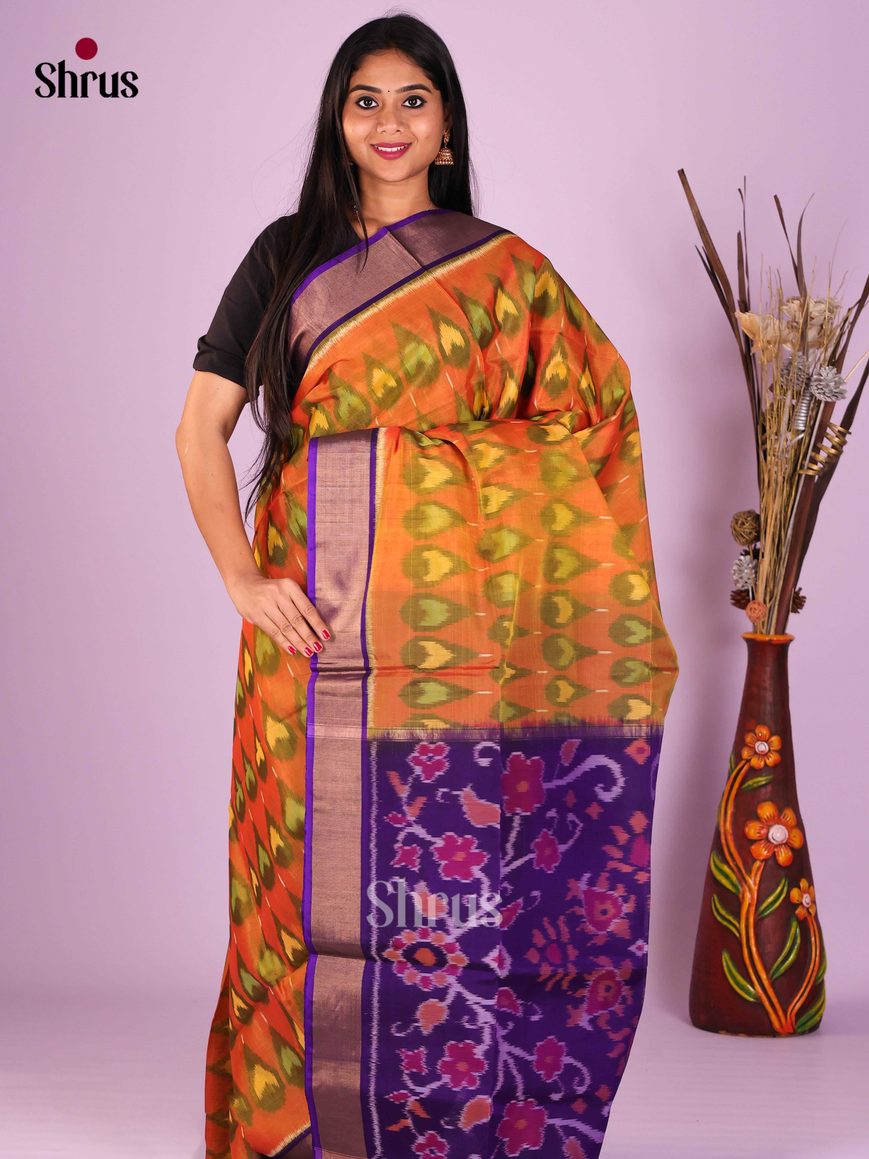 Orange & Blue- Pochampally sico Saree - Shop on Shrus.com
