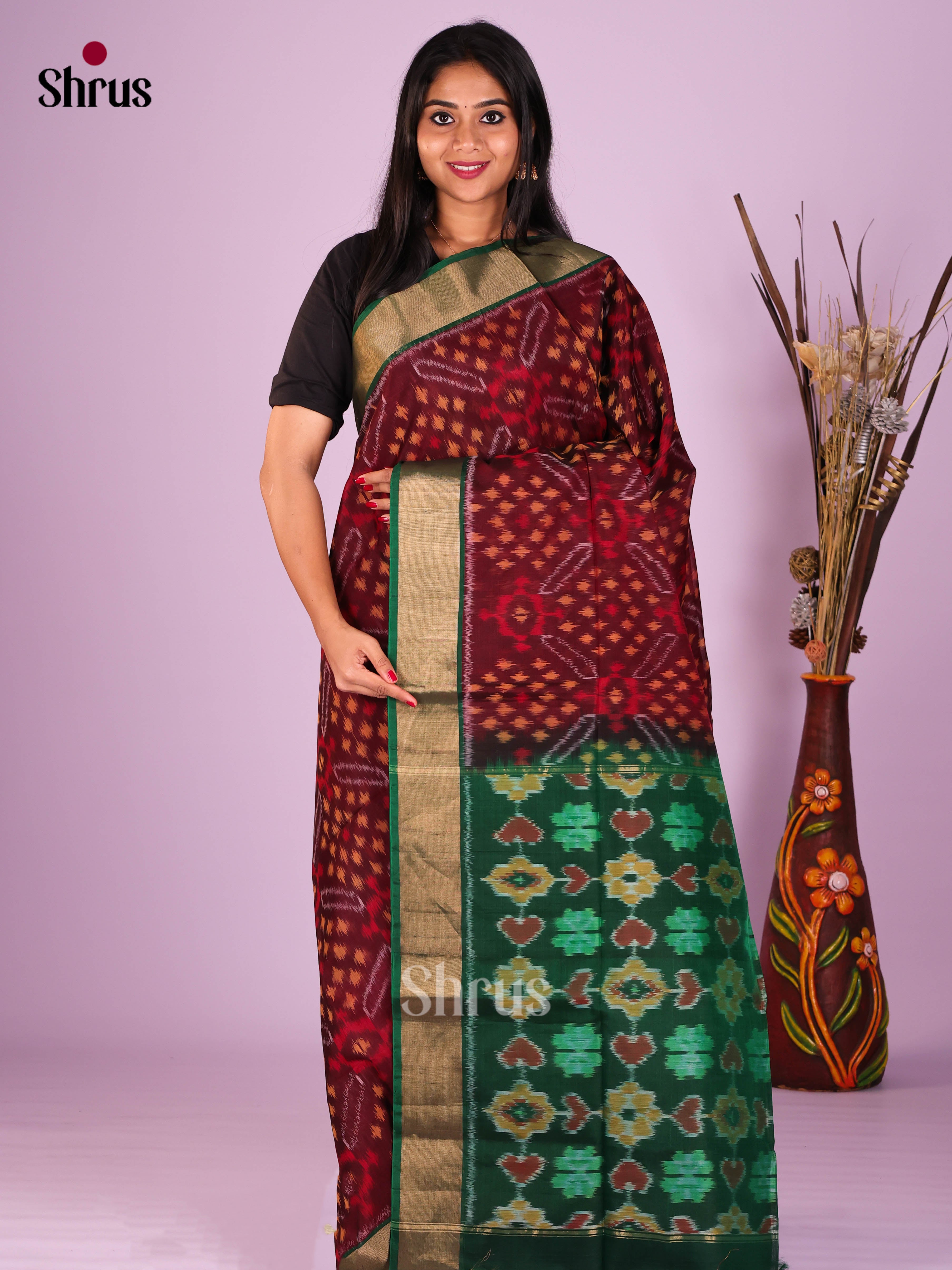 Maroon & Green - Pochampally sico Saree