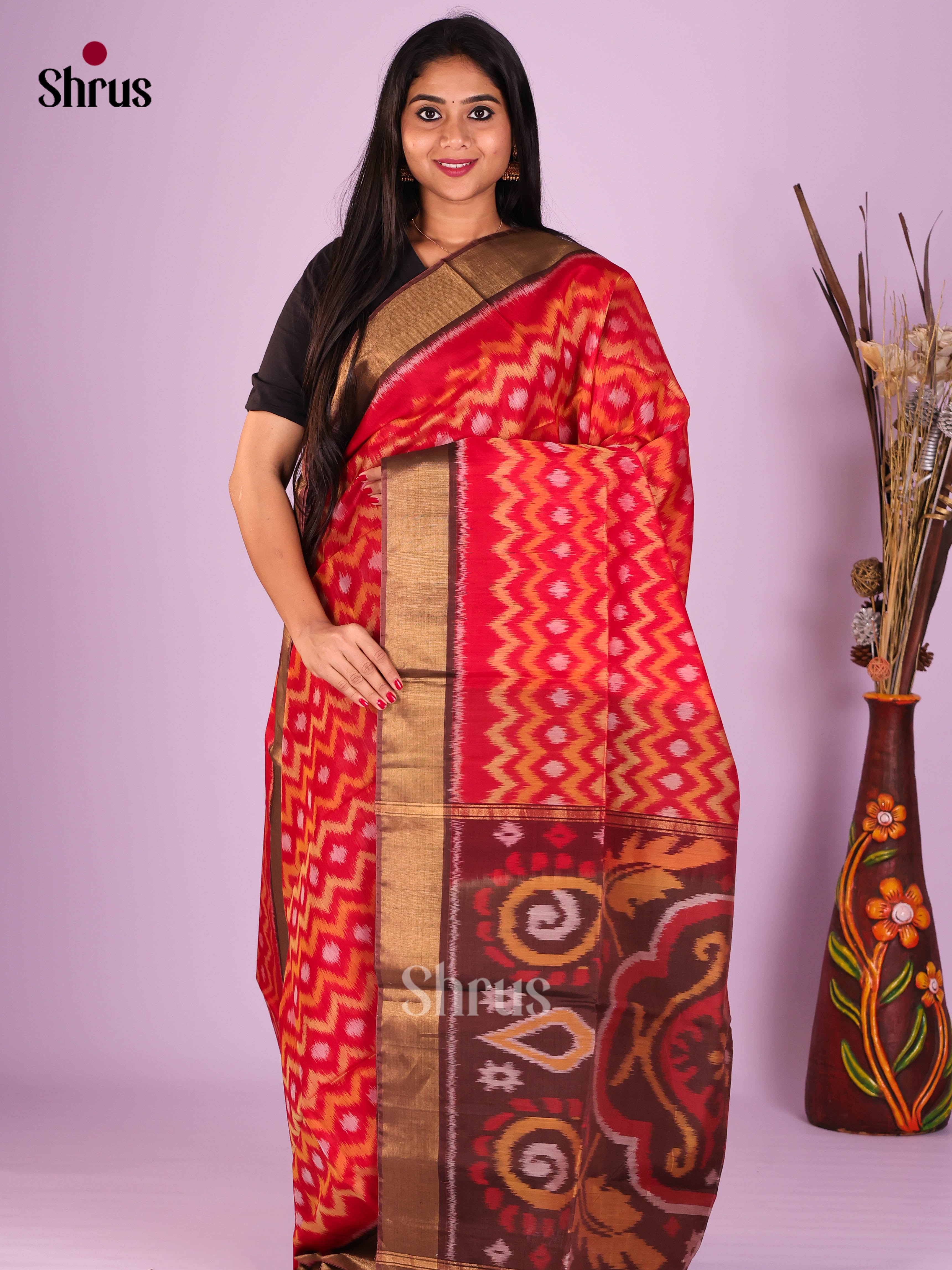 Red & Brown - Pochampally sico Saree
