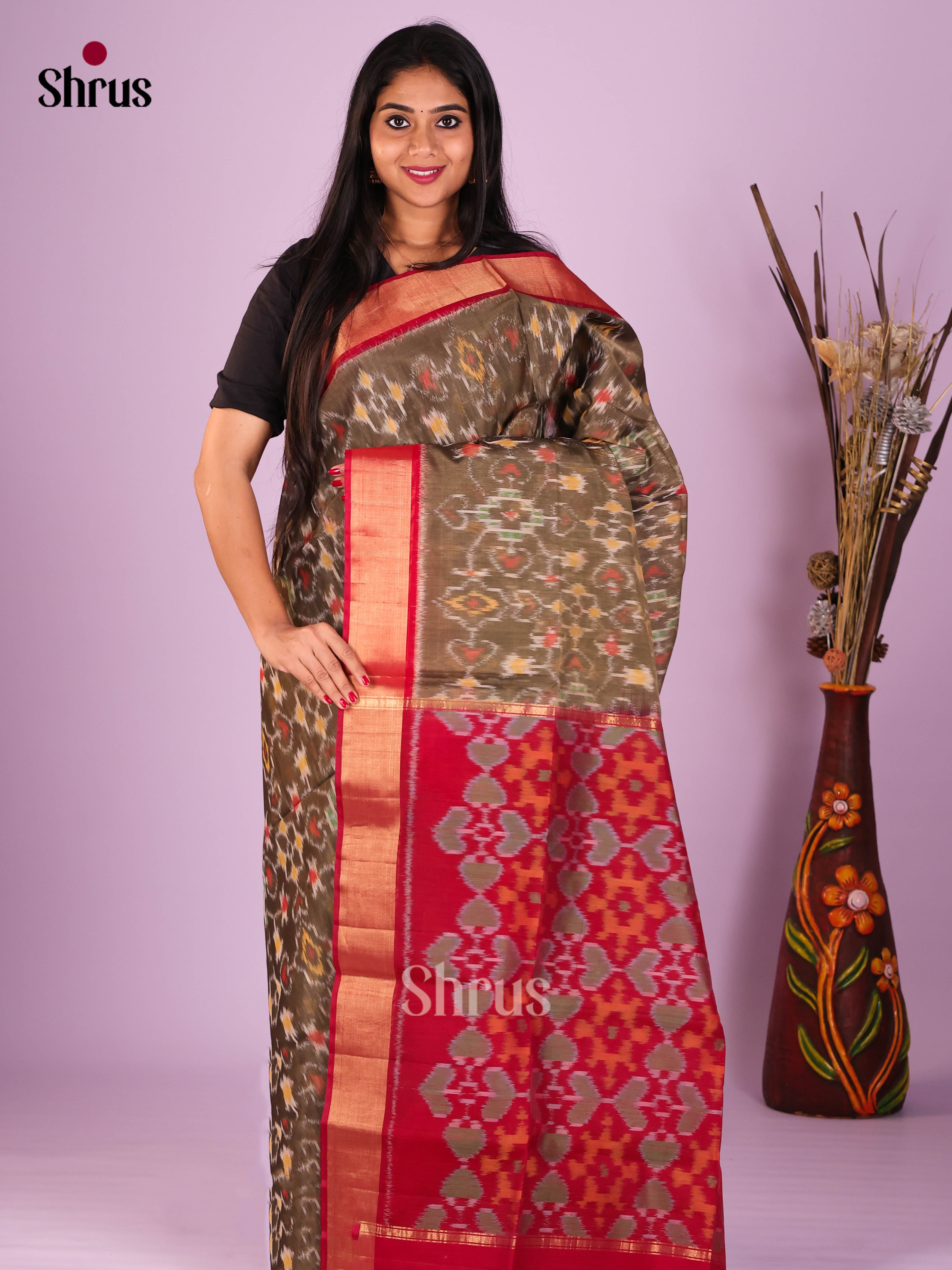 Grey & Red  - Pochampally sico Saree - Shop on Shrus.com