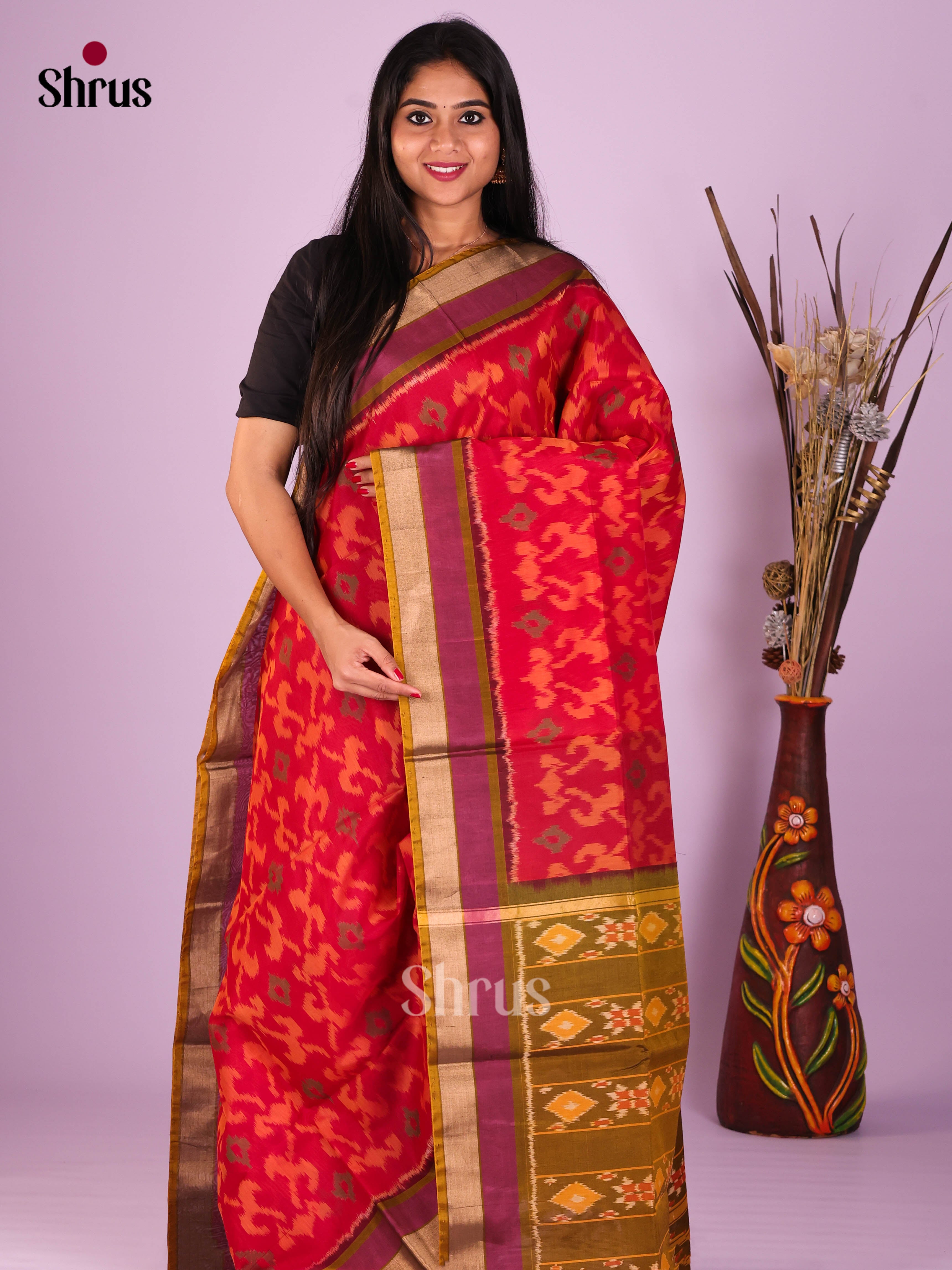 Red & Mehandi - Pochampally sico Saree - Shop on Shrus.com