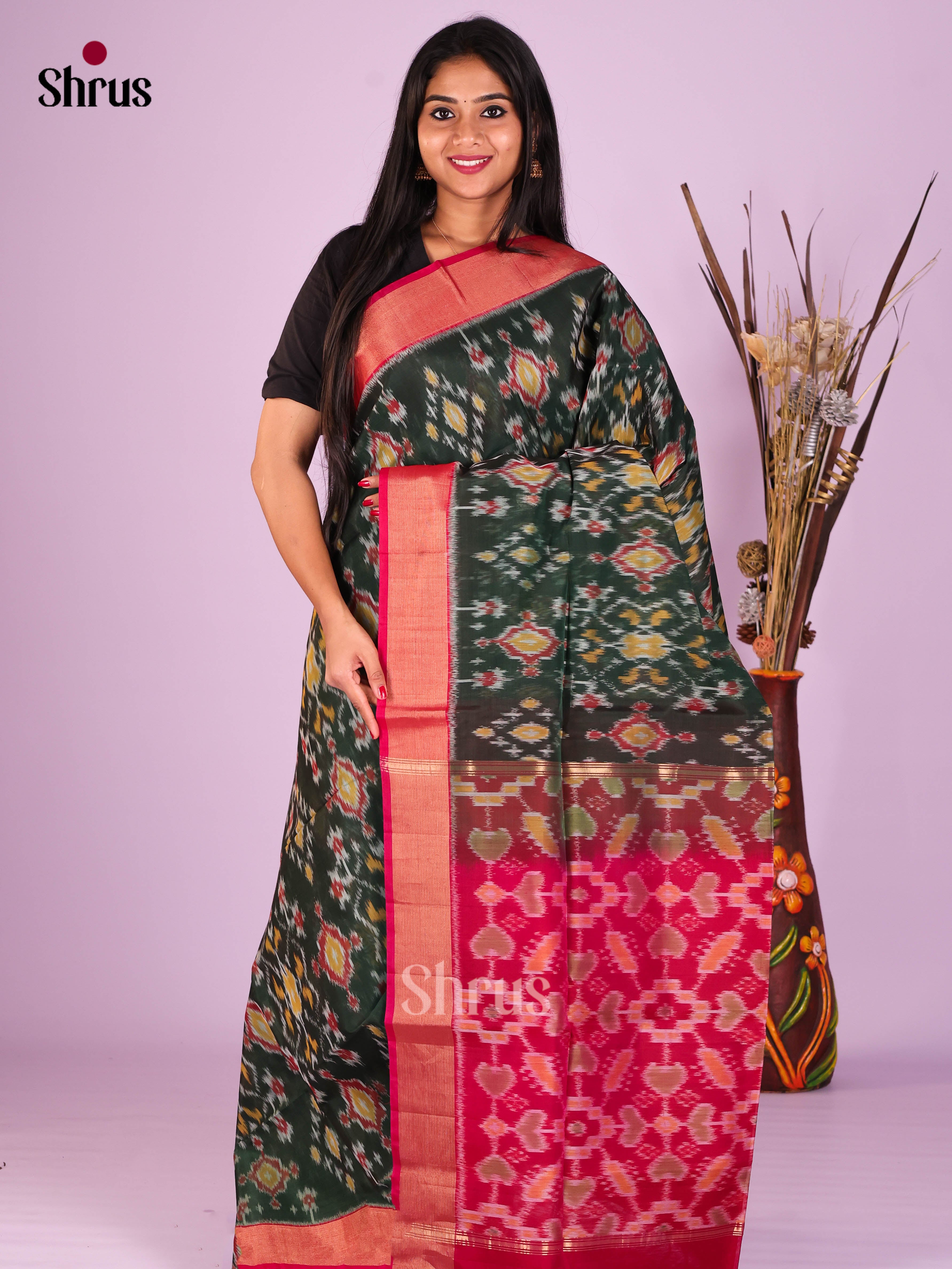 Dark Green & Maroon- Pochampally sico Saree