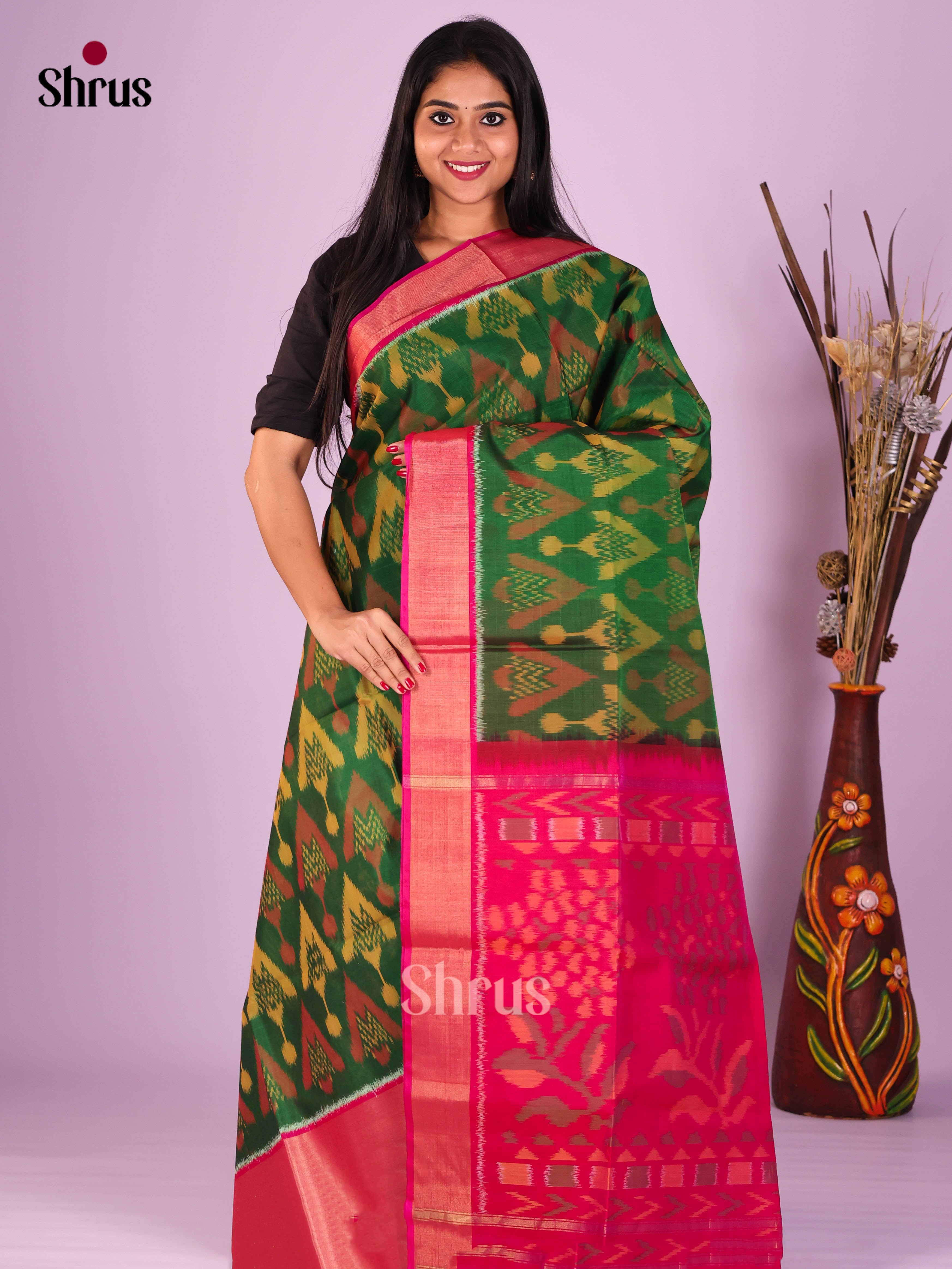 Green & Pink - Pochampally sico Saree - Shop on Shrus.com