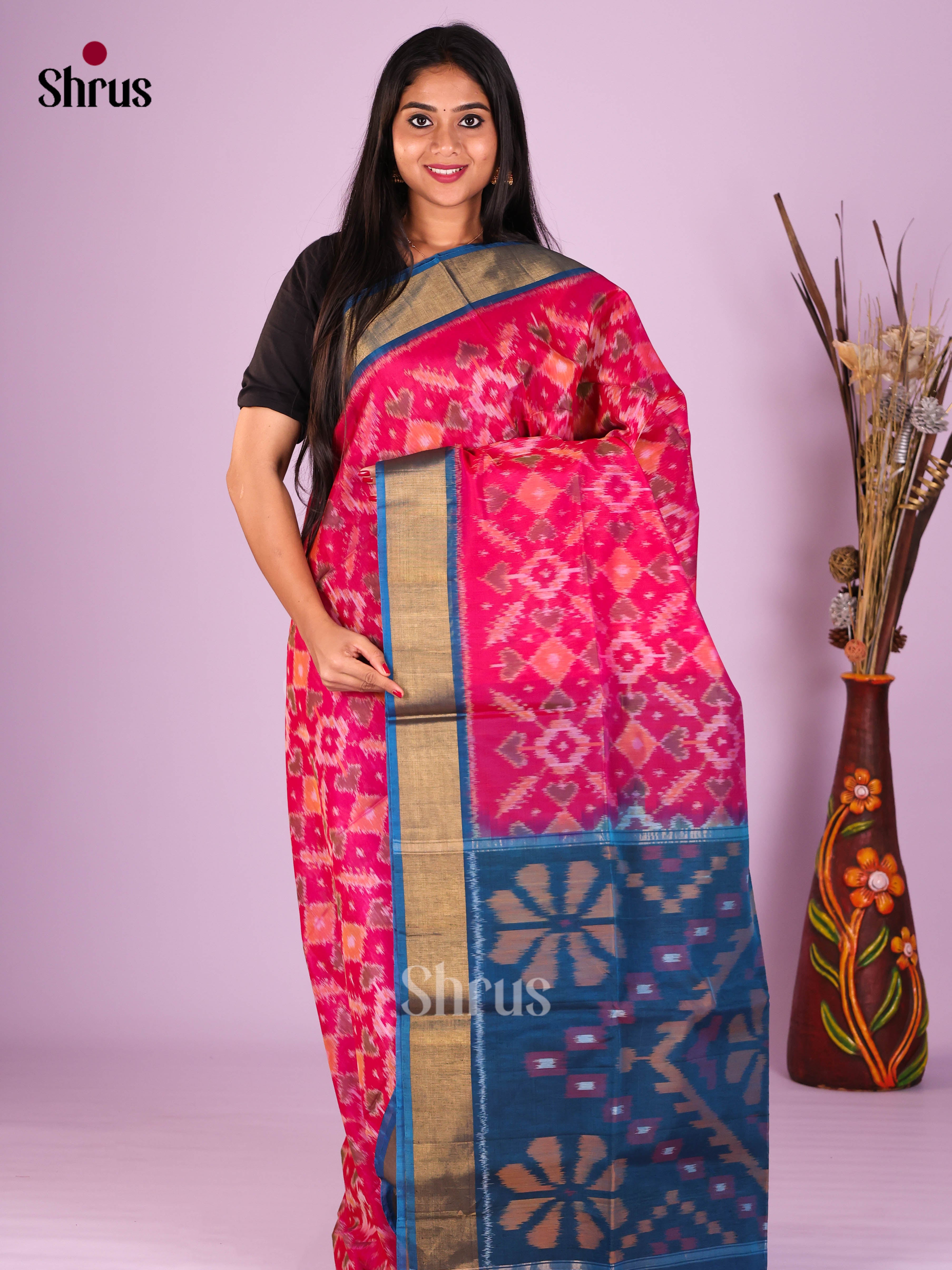 Pink & Blue - Pochampally sico Saree - Shop on Shrus.com