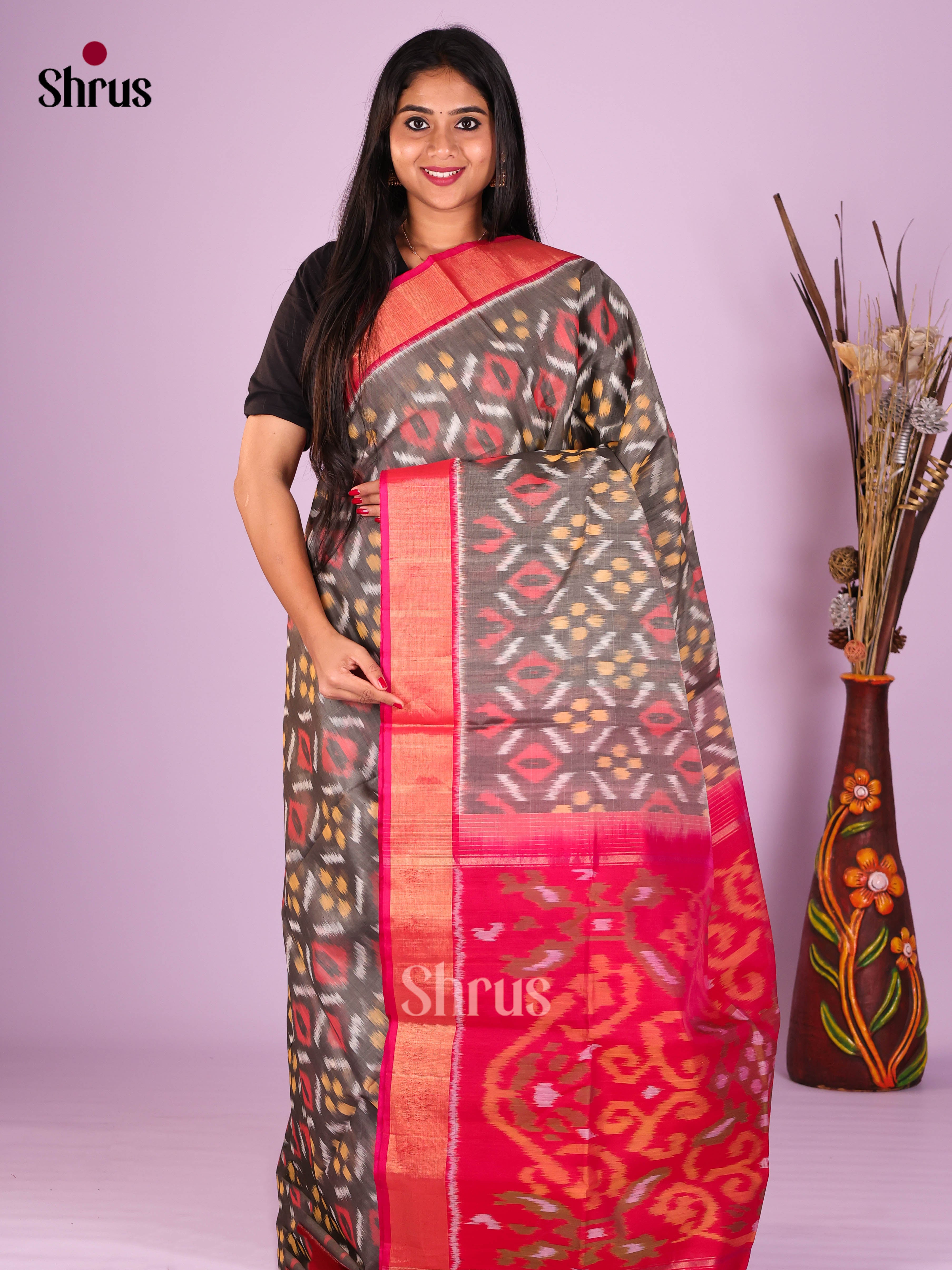 Grey & Red - Pochampally sico Saree