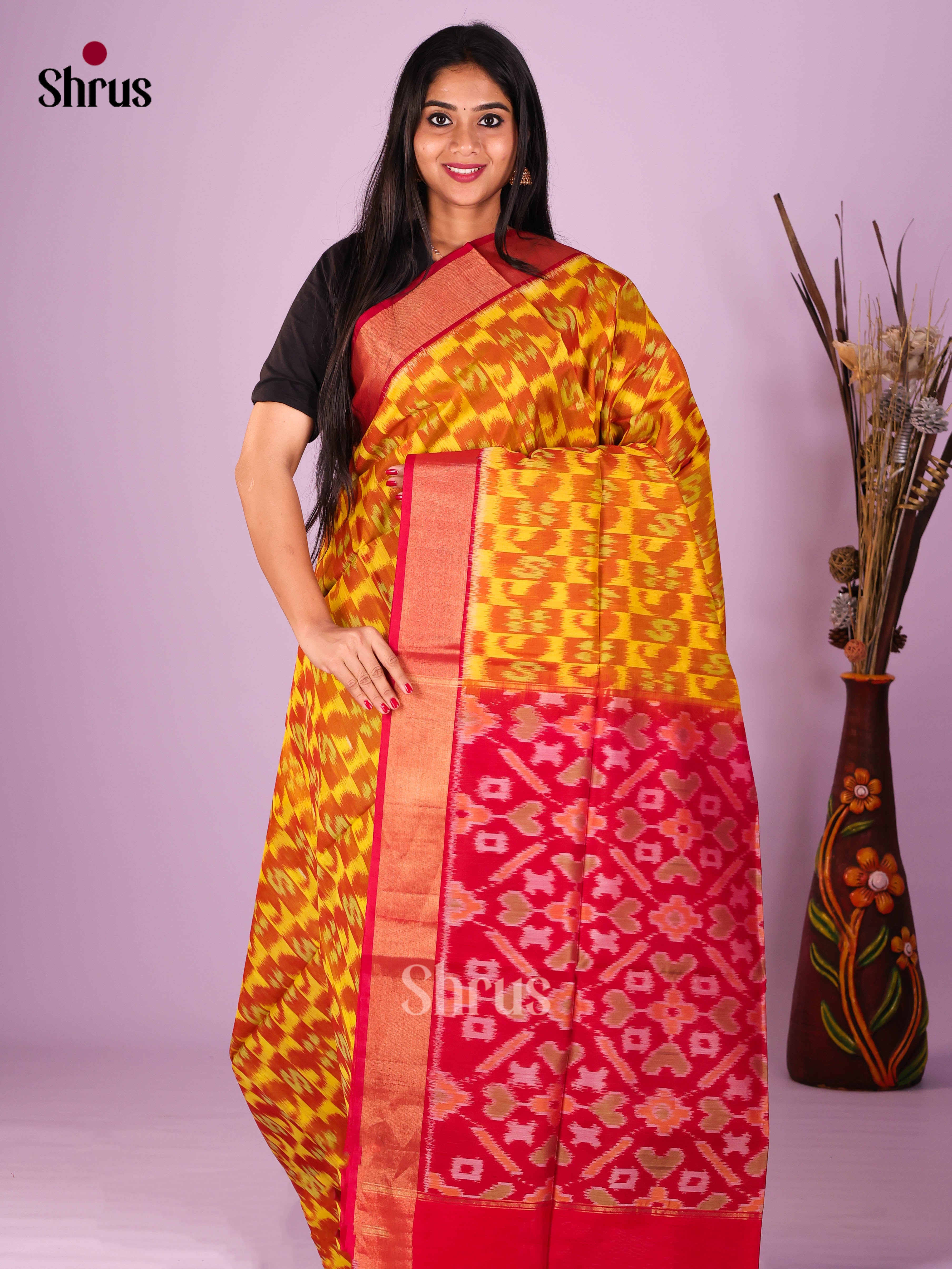 Mustard & Red - Pochampally sico Saree