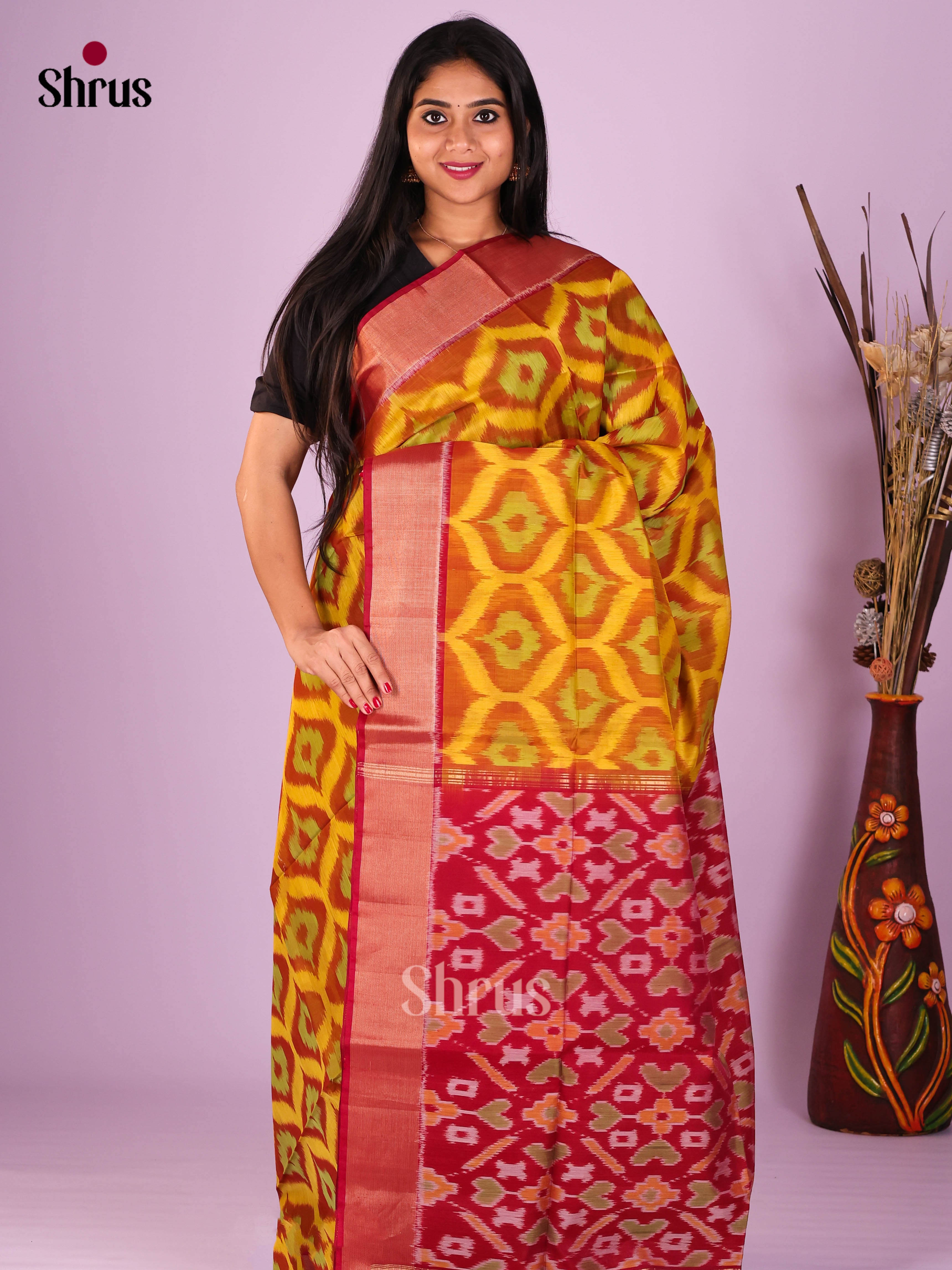 Yellow & Maroon - Pochampally sico Saree