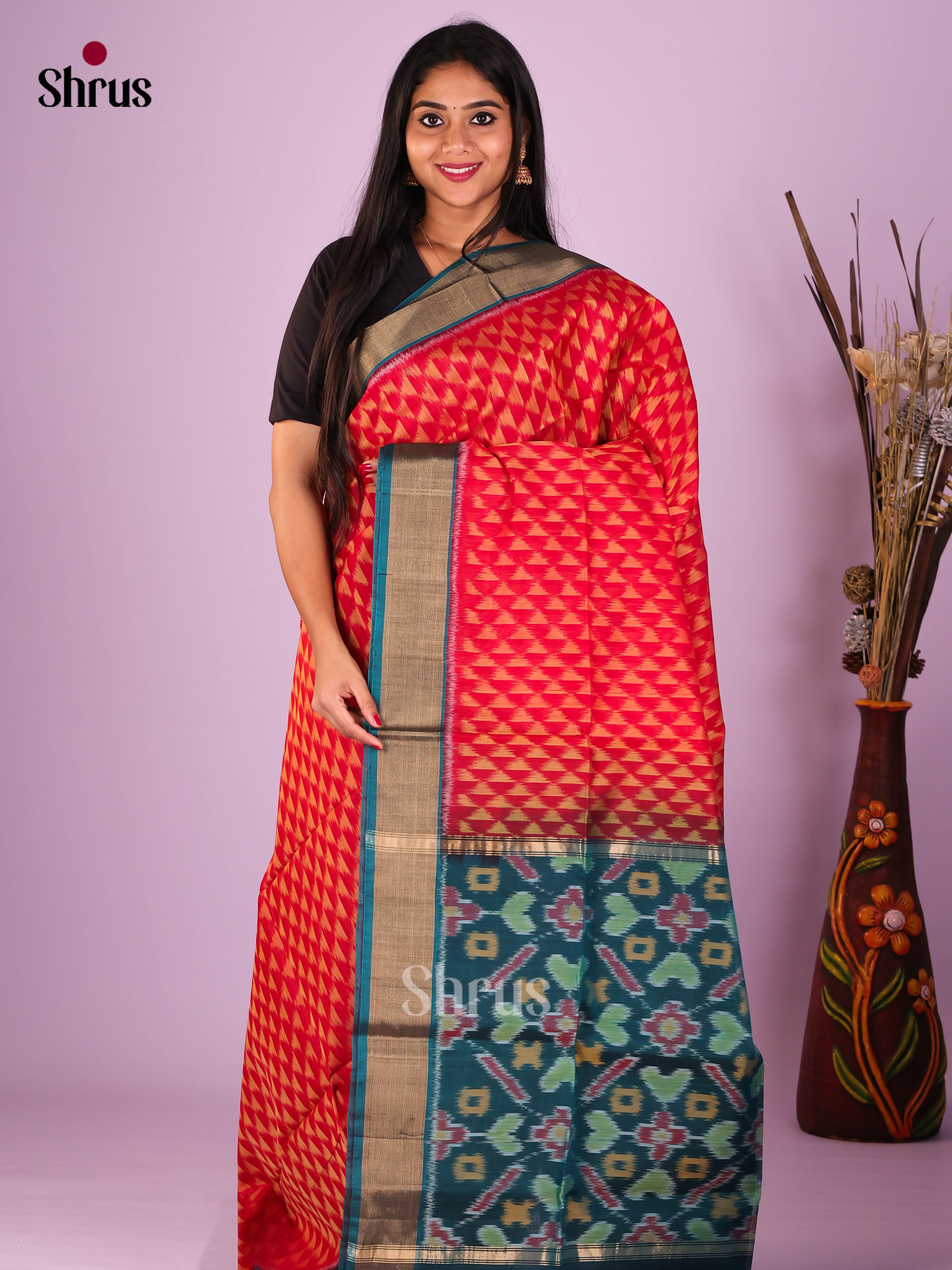 Red & Peacock Blue- Pochampally sico Saree - Shop on Shrus.com