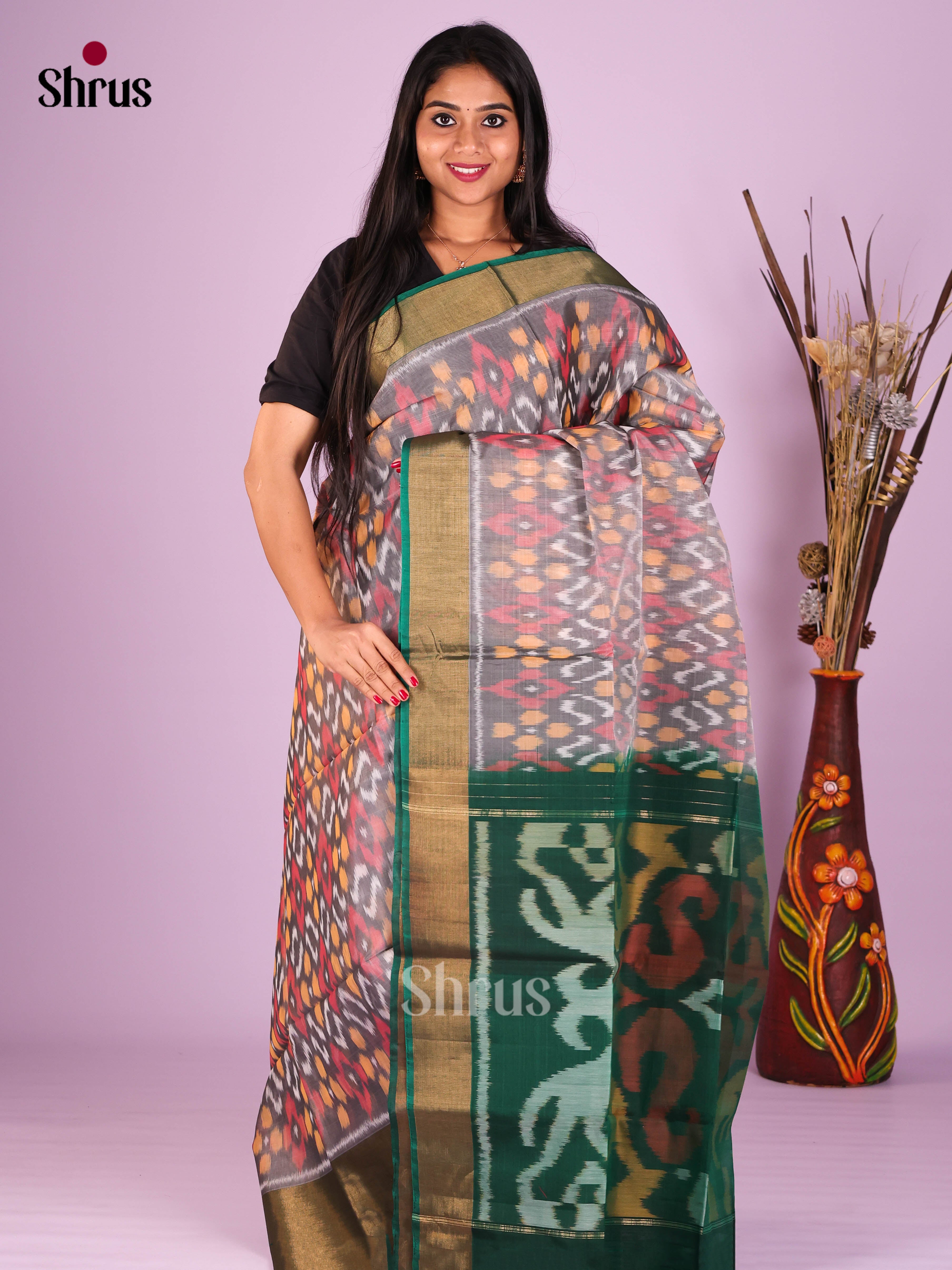 Grey & Green- Pochampally sico Saree - Shop on Shrus.com