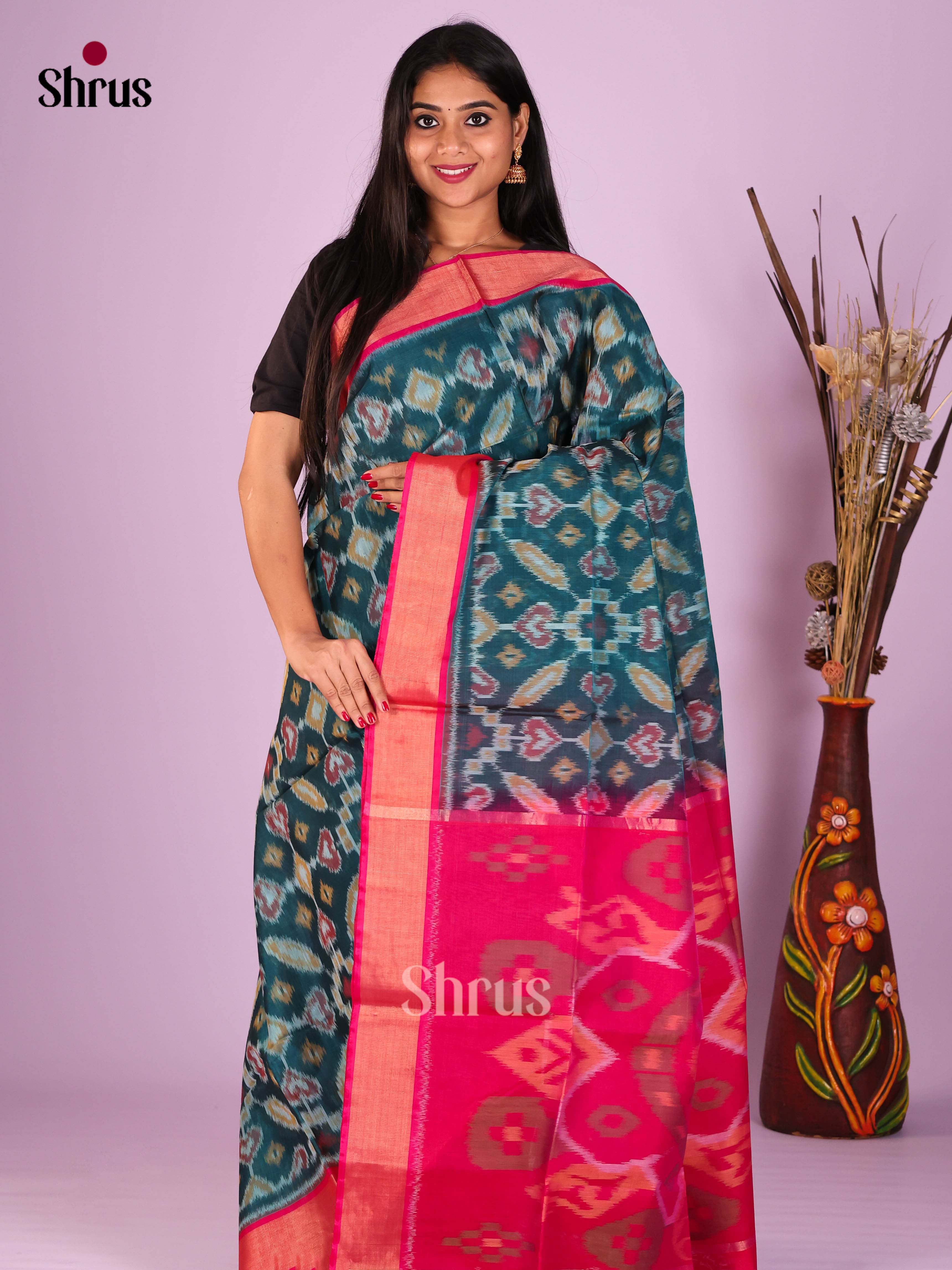 Peacock Green & Pink  - Pochampally sico Saree