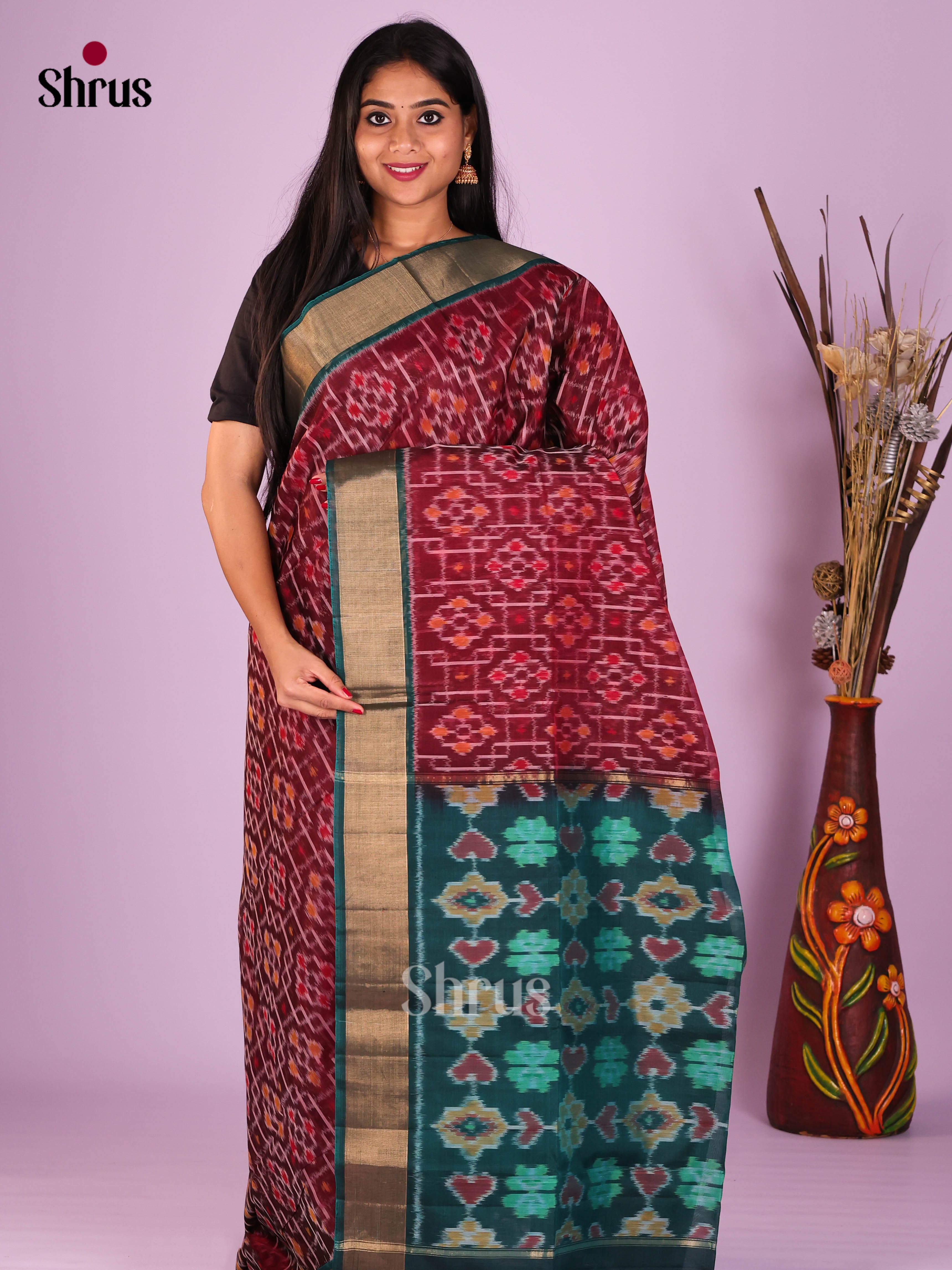 Maroon & Green - Pochampally sico Saree