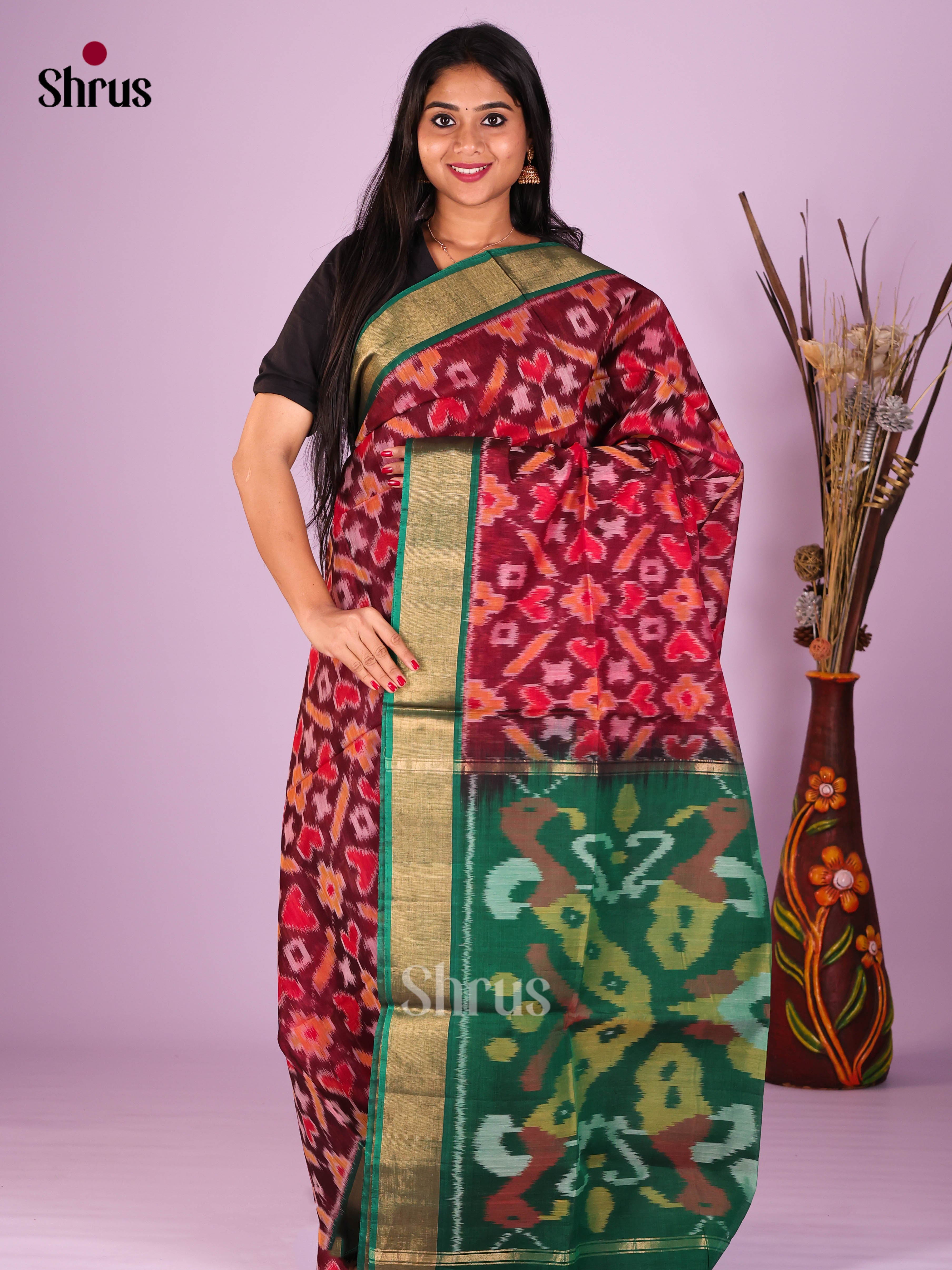 Maroon & Green - Pochampally sico Saree
