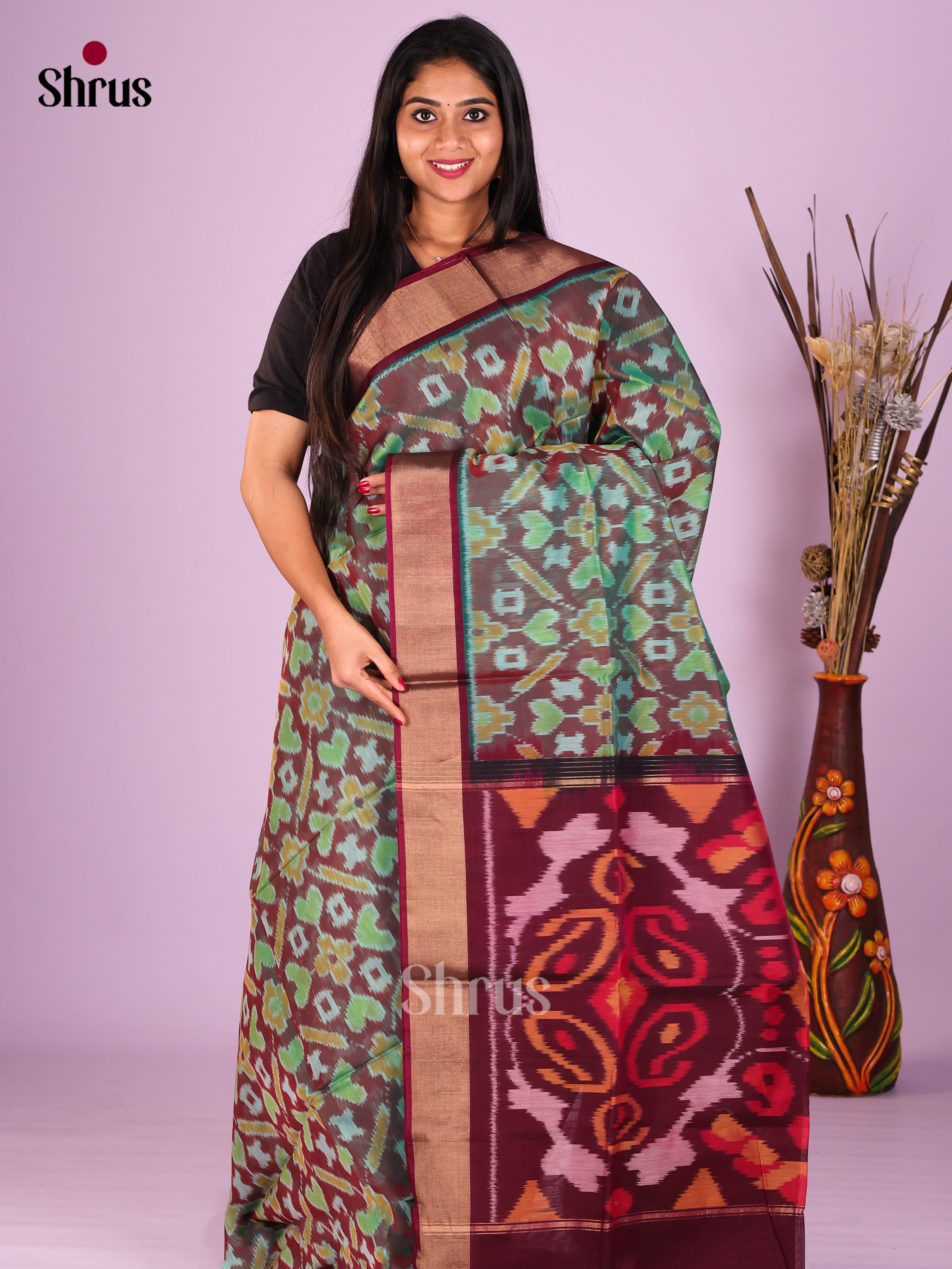 Green & Maroon - Pochampally sico Saree