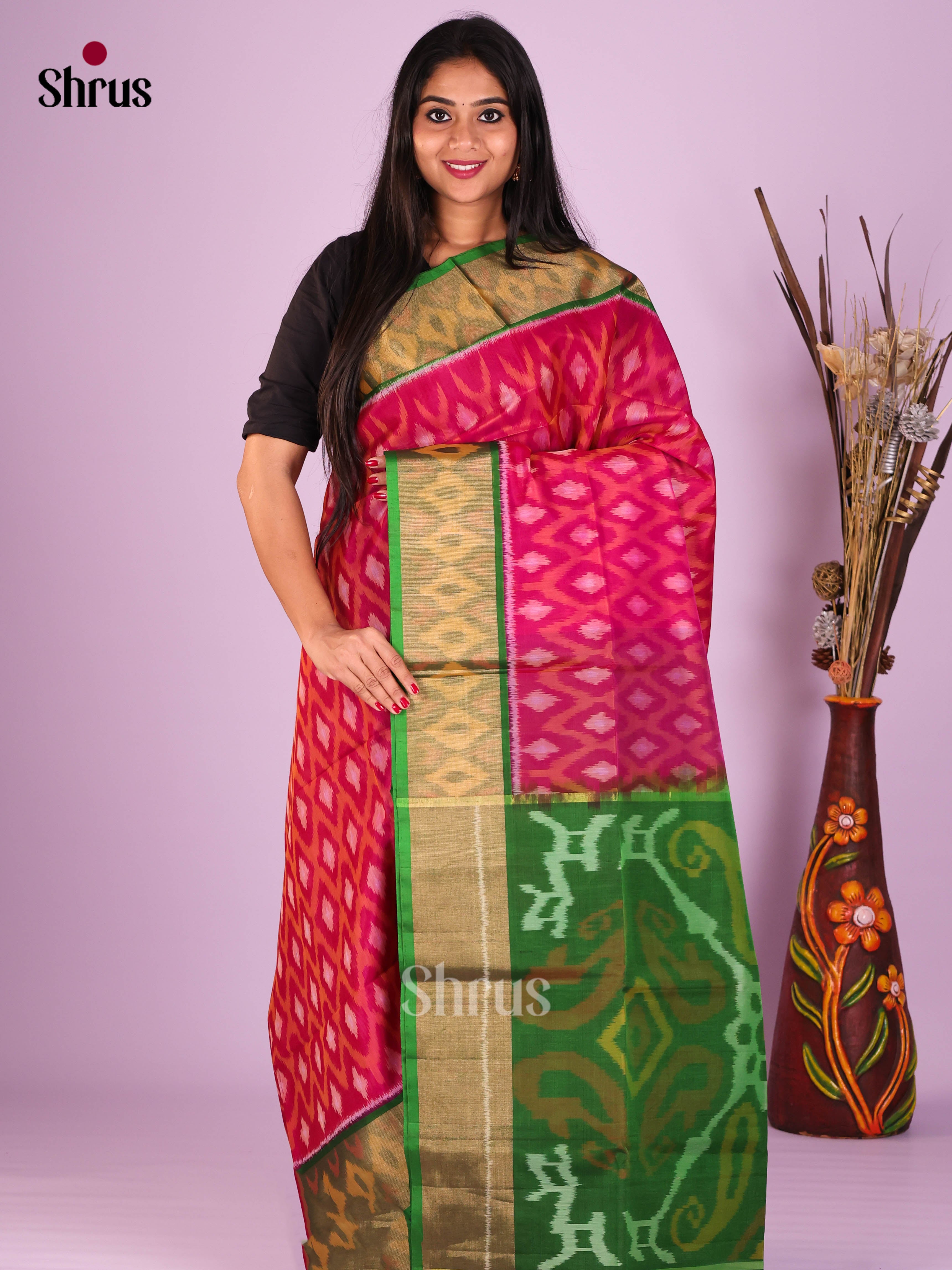 Pink & Green - Pochampally sico Saree - Shop on Shrus.com