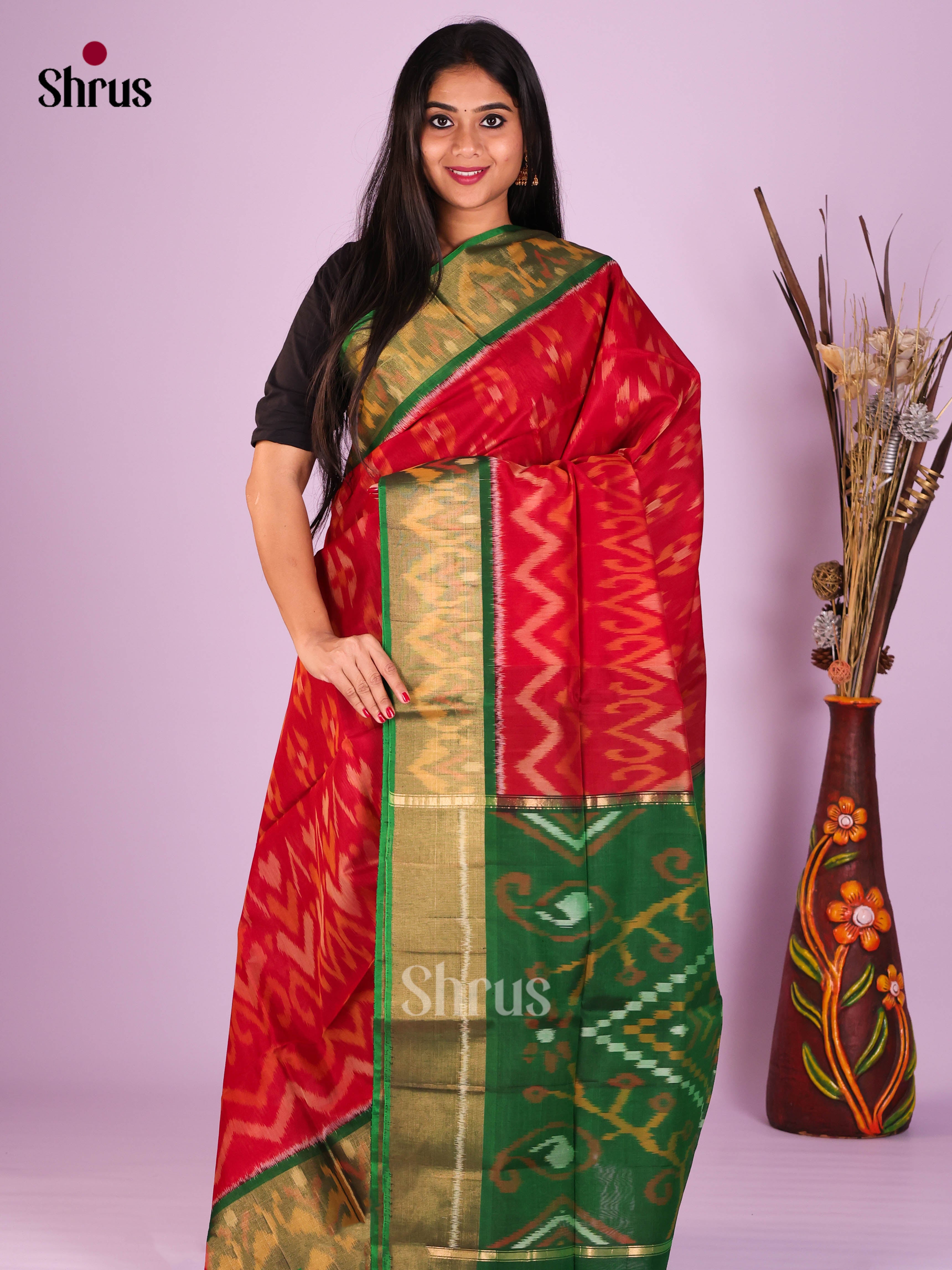 Red & Green - Pochampally sico Saree - Shop on Shrus.com