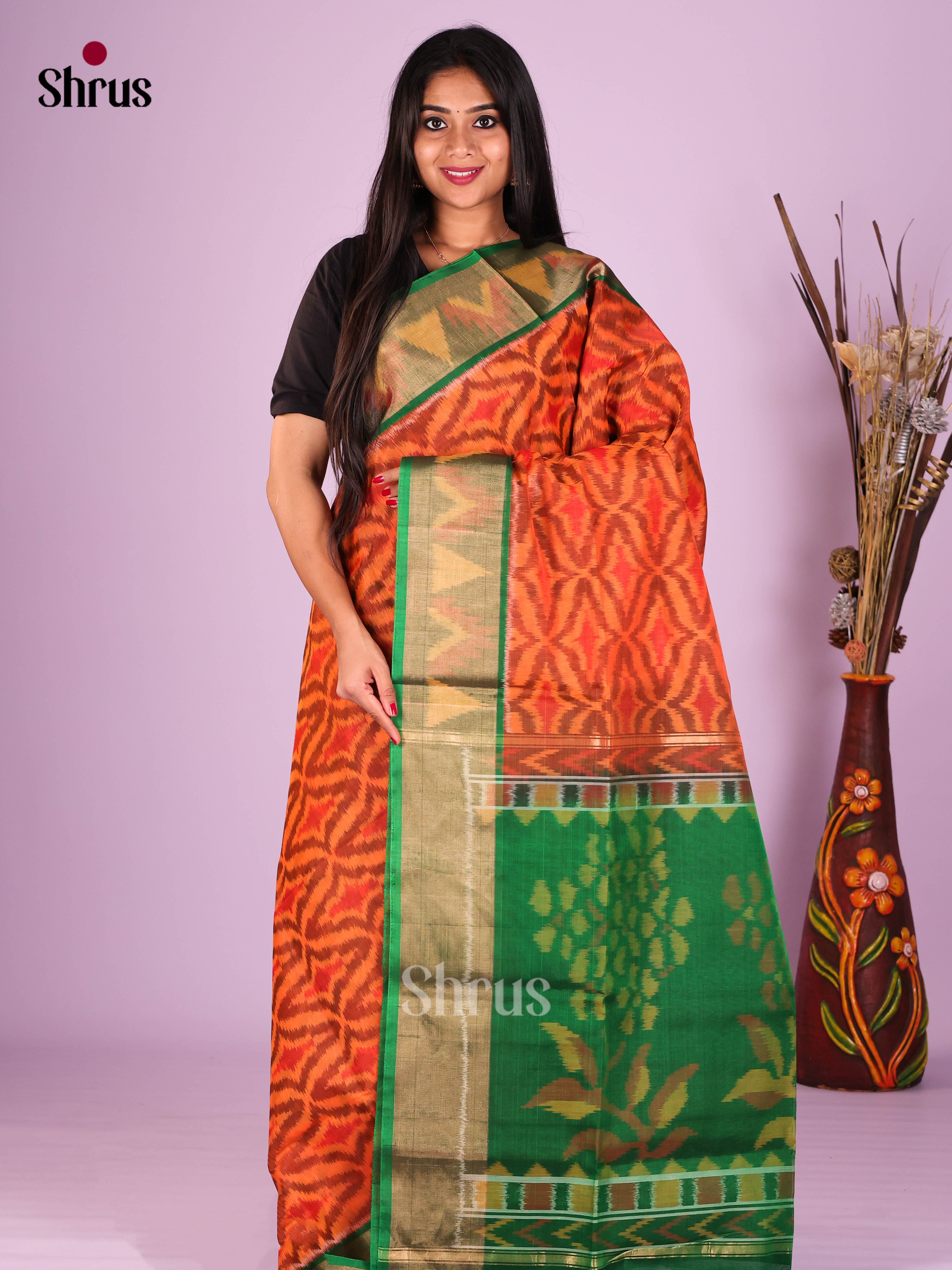 Orange & Green - Pochampally sico Saree