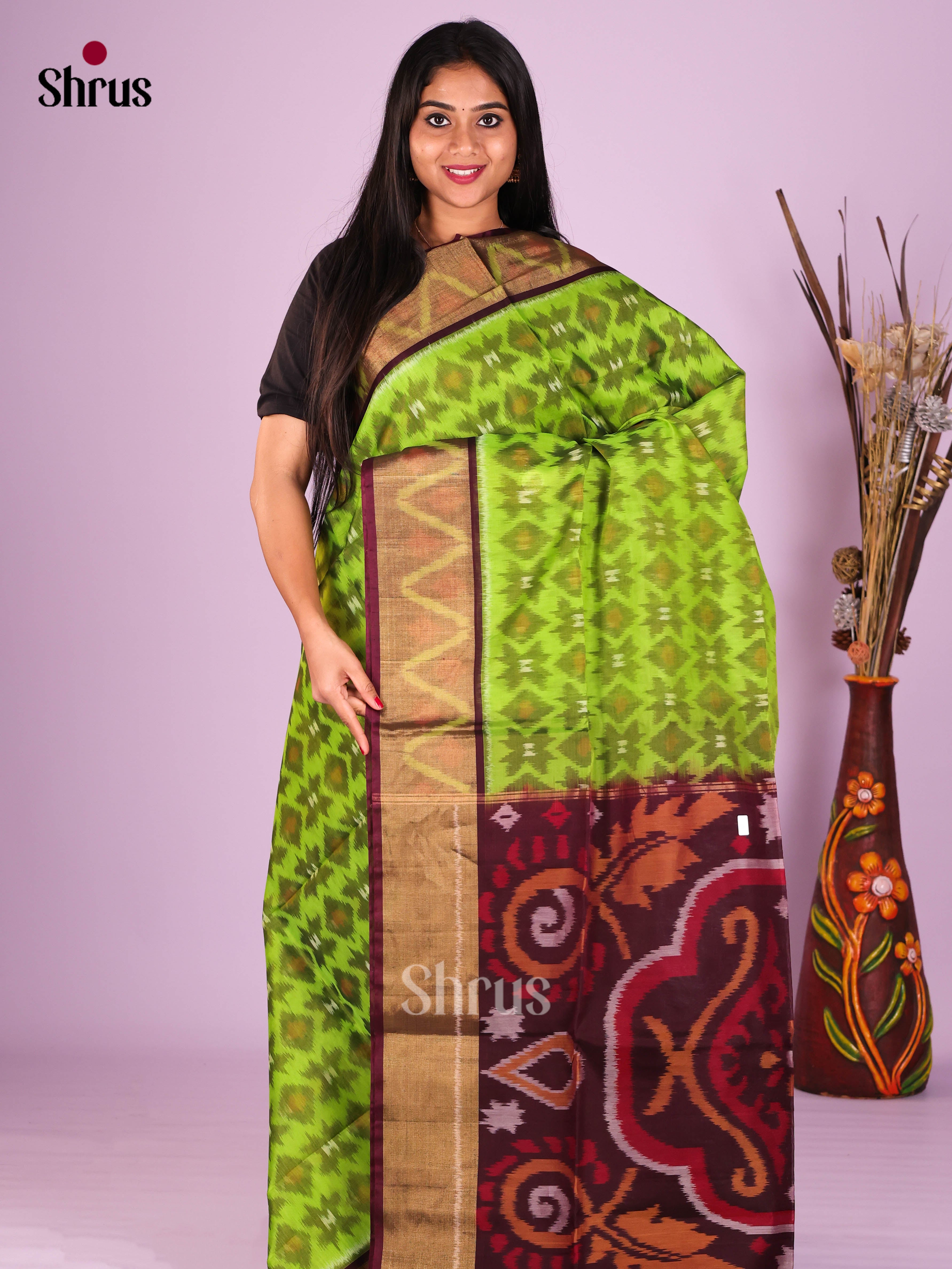 Light Green & Maroon - Pochampally sico Saree