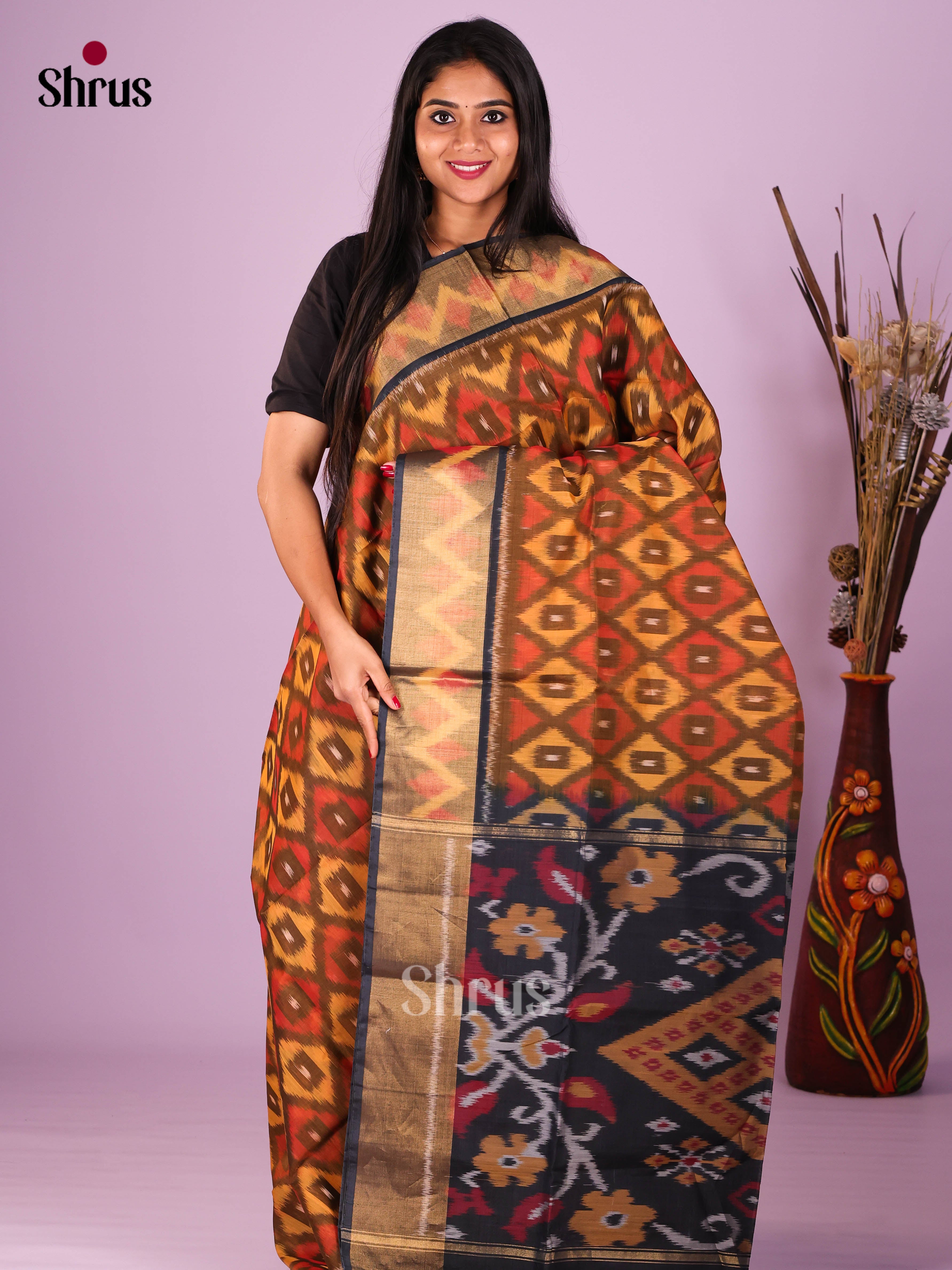 Dark Mustard & Blue - Pochampally sico Saree - Shop on Shrus.com