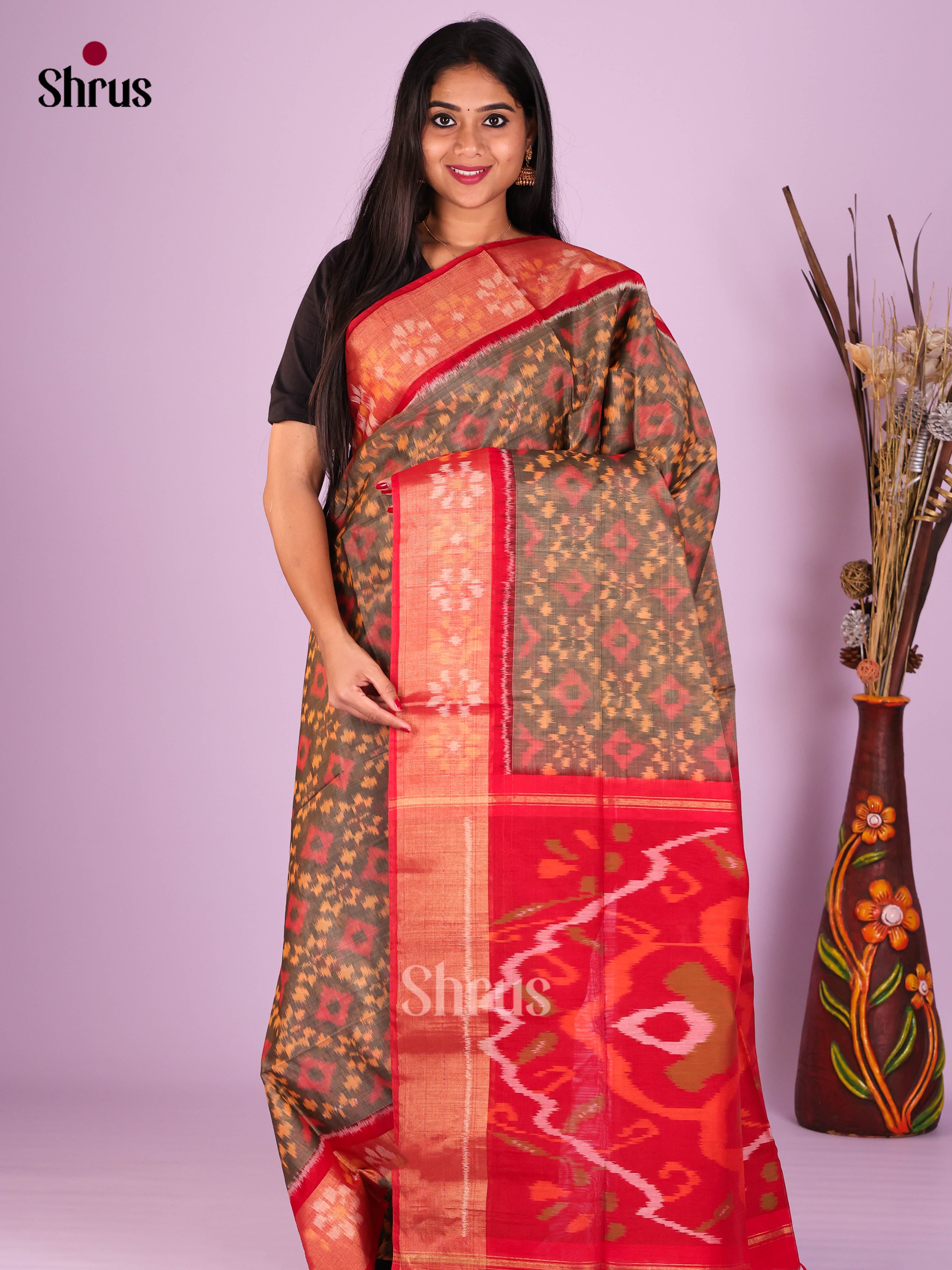 Grey & Red - Pochampally sico Saree