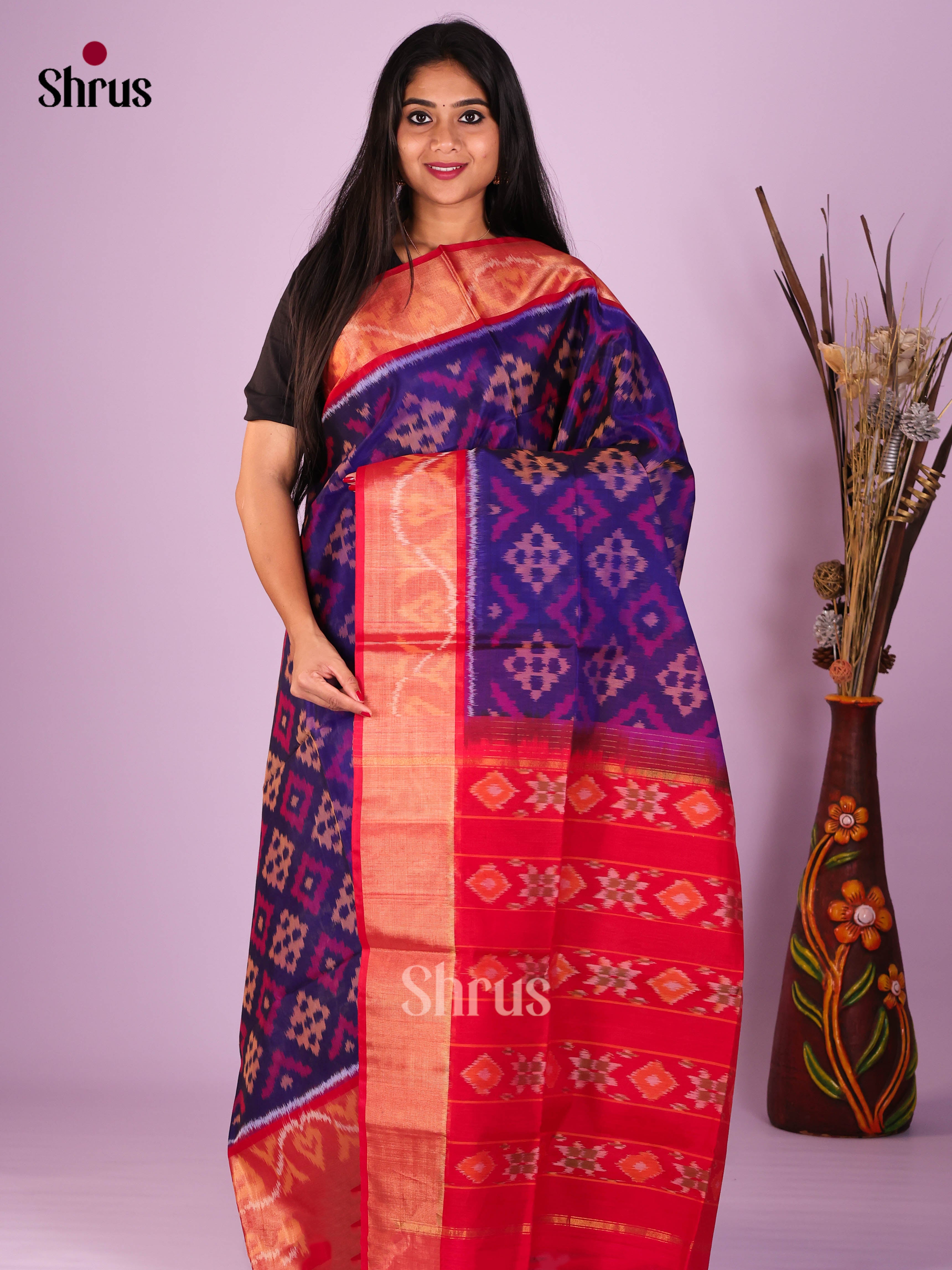 Blue &  Red  - Pochampally sico Saree - Shop on Shrus.com