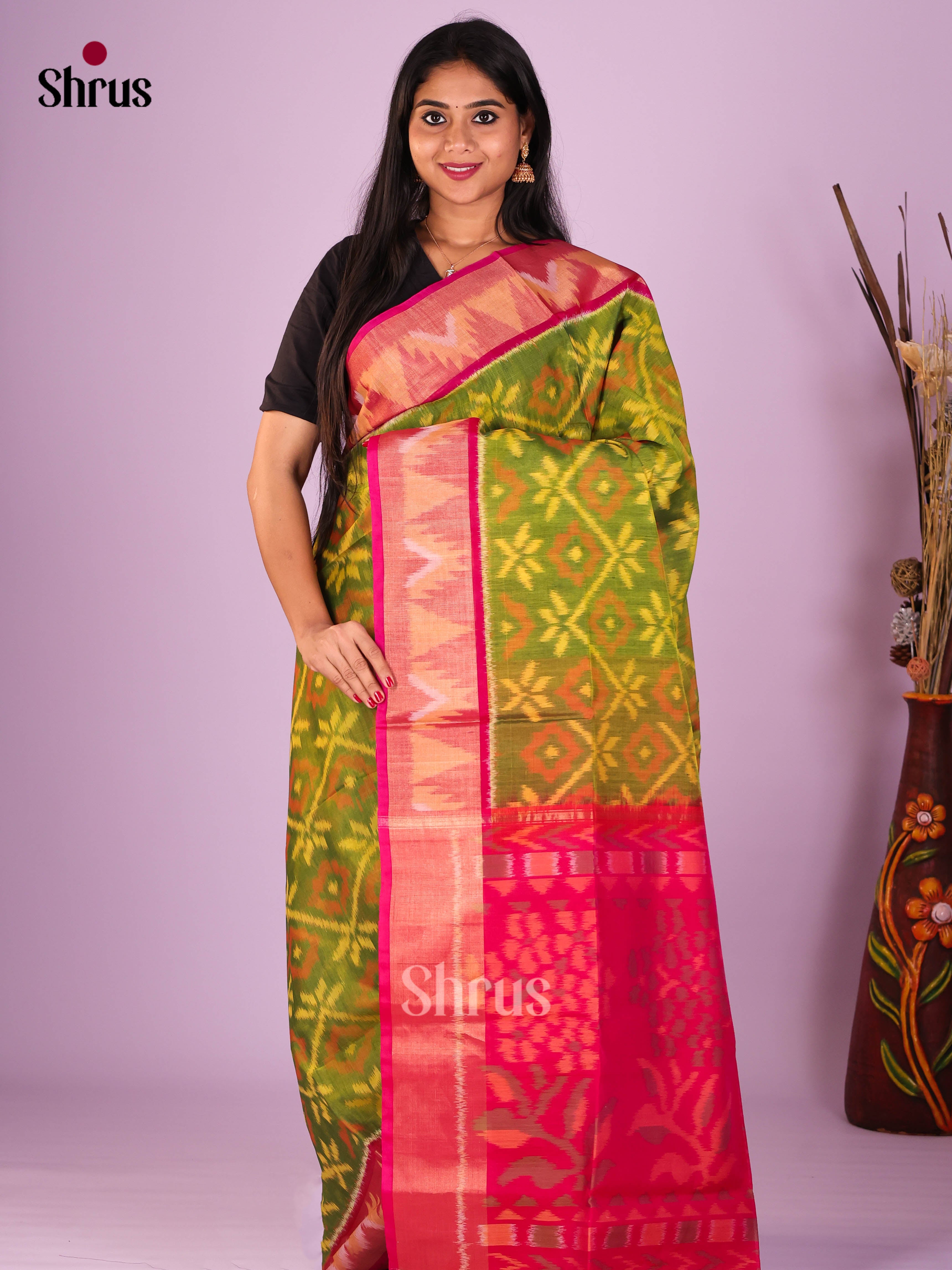 Light Green & Red - Pochampally sico Saree