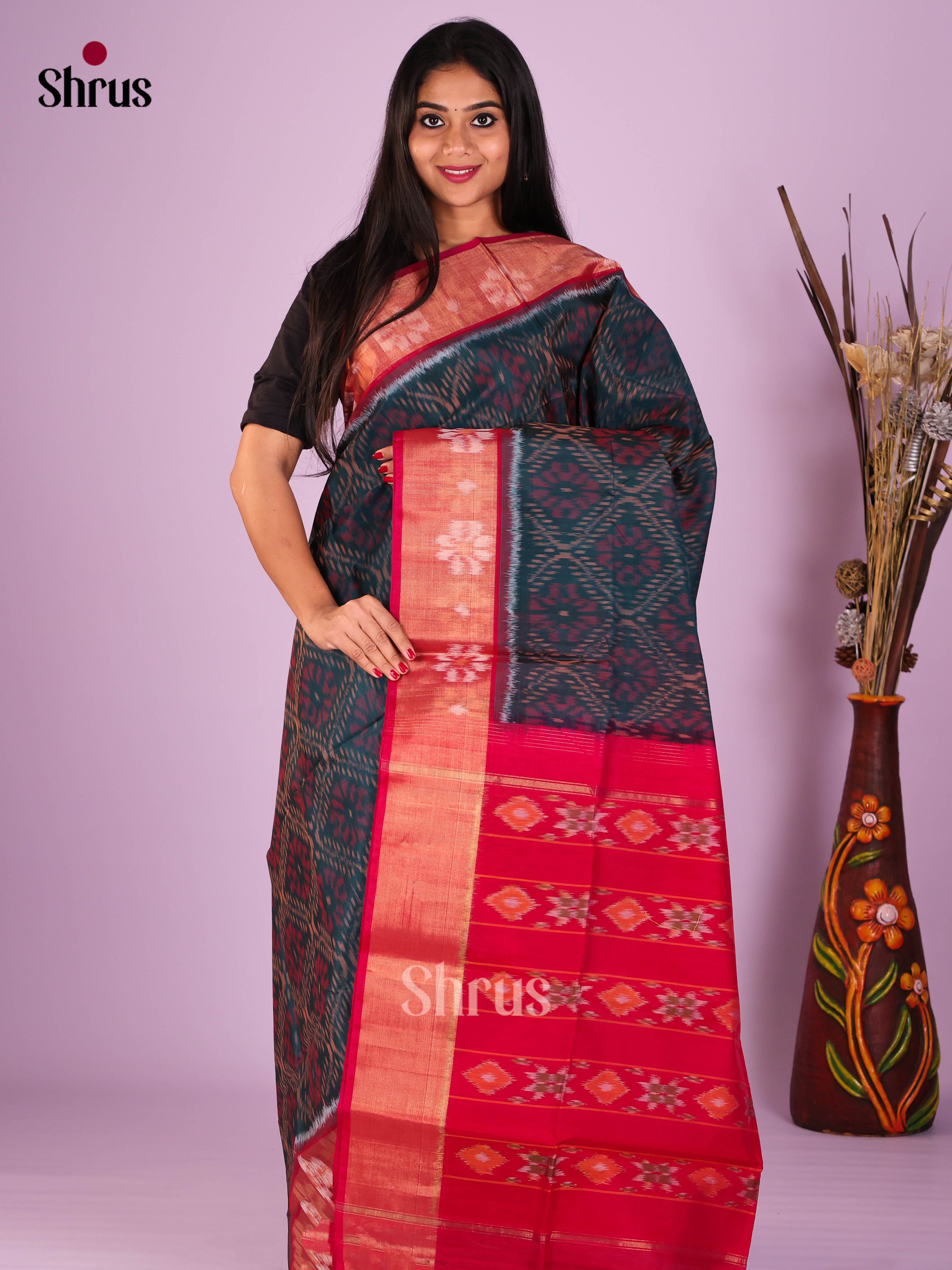 Dark Green & Red - Pochampally sico Saree - Shop on Shrus.com