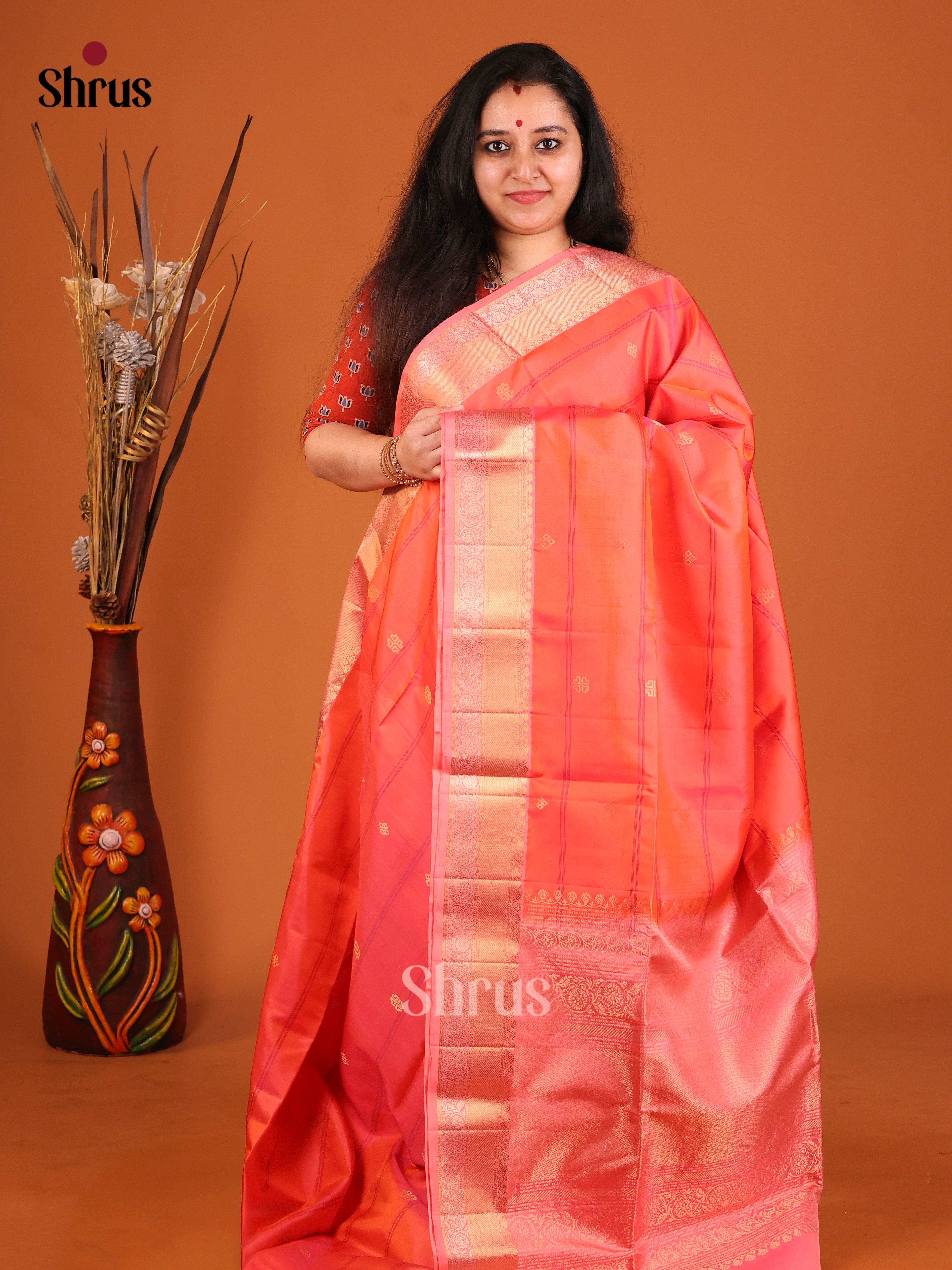Pretty Orangish Pink Soft Silk Saree with stripes, Buttas & Brocade Pallu