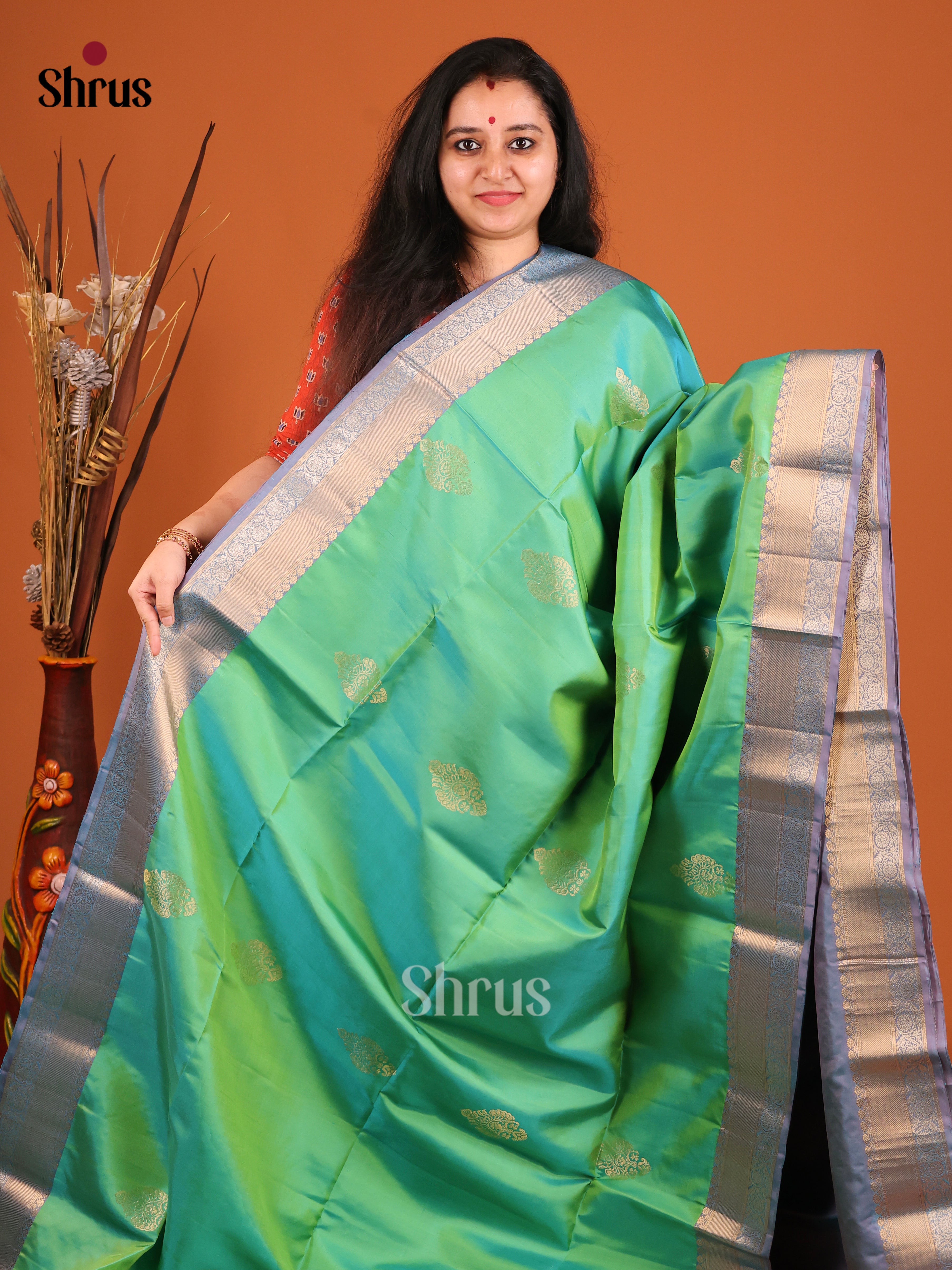 Enchanting Green  Soft Silk Saree with gold zari floral motifs, rich equal border - Shop on Shrus.com