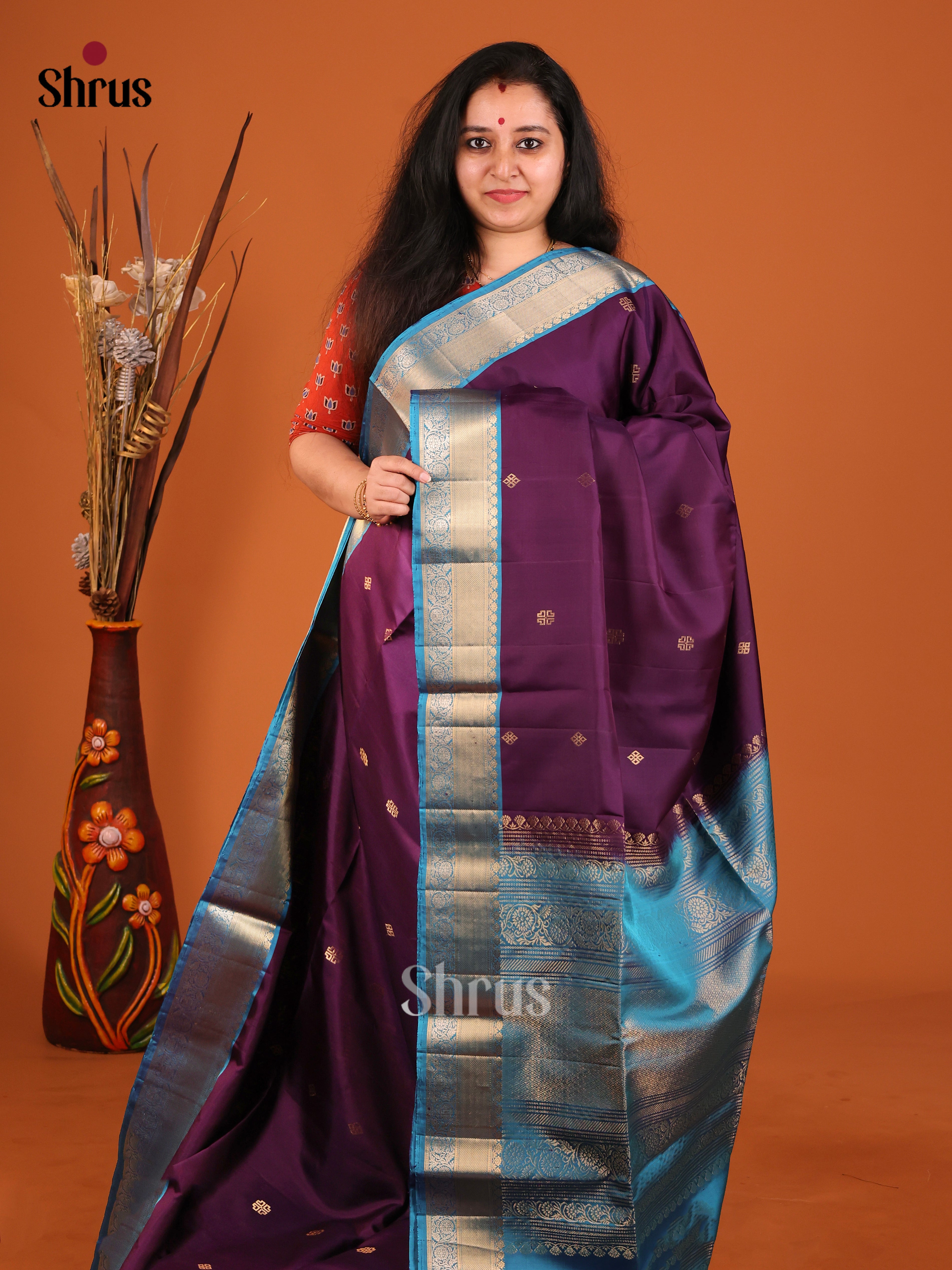 Gorgeous Jamun Soft Silk Saree with gold buttas & Blue Brocade Pallu - Shop on Shrus.com