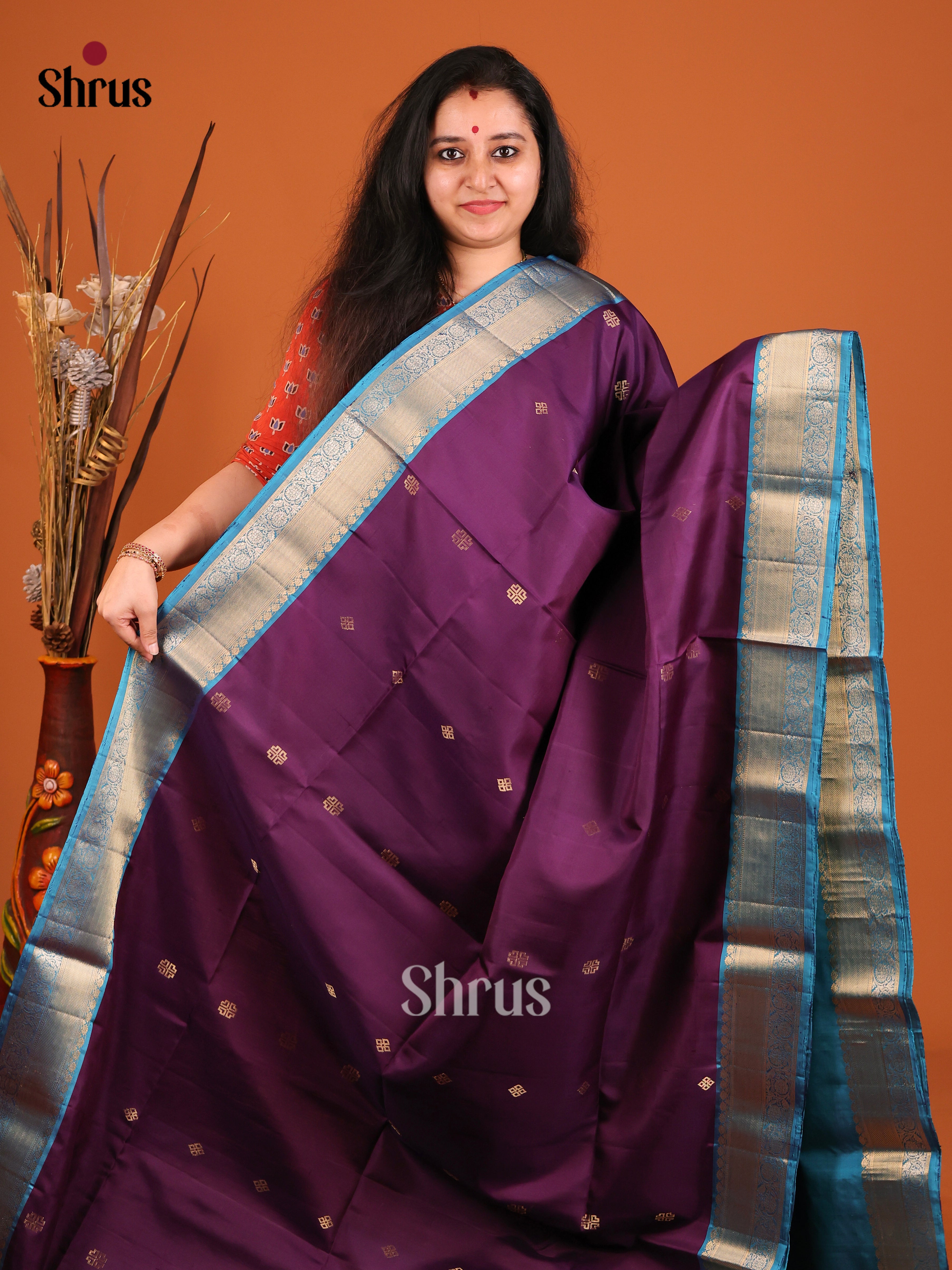 Gorgeous Jamun Soft Silk Saree with gold buttas & Blue Brocade Pallu - Shop on Shrus.com