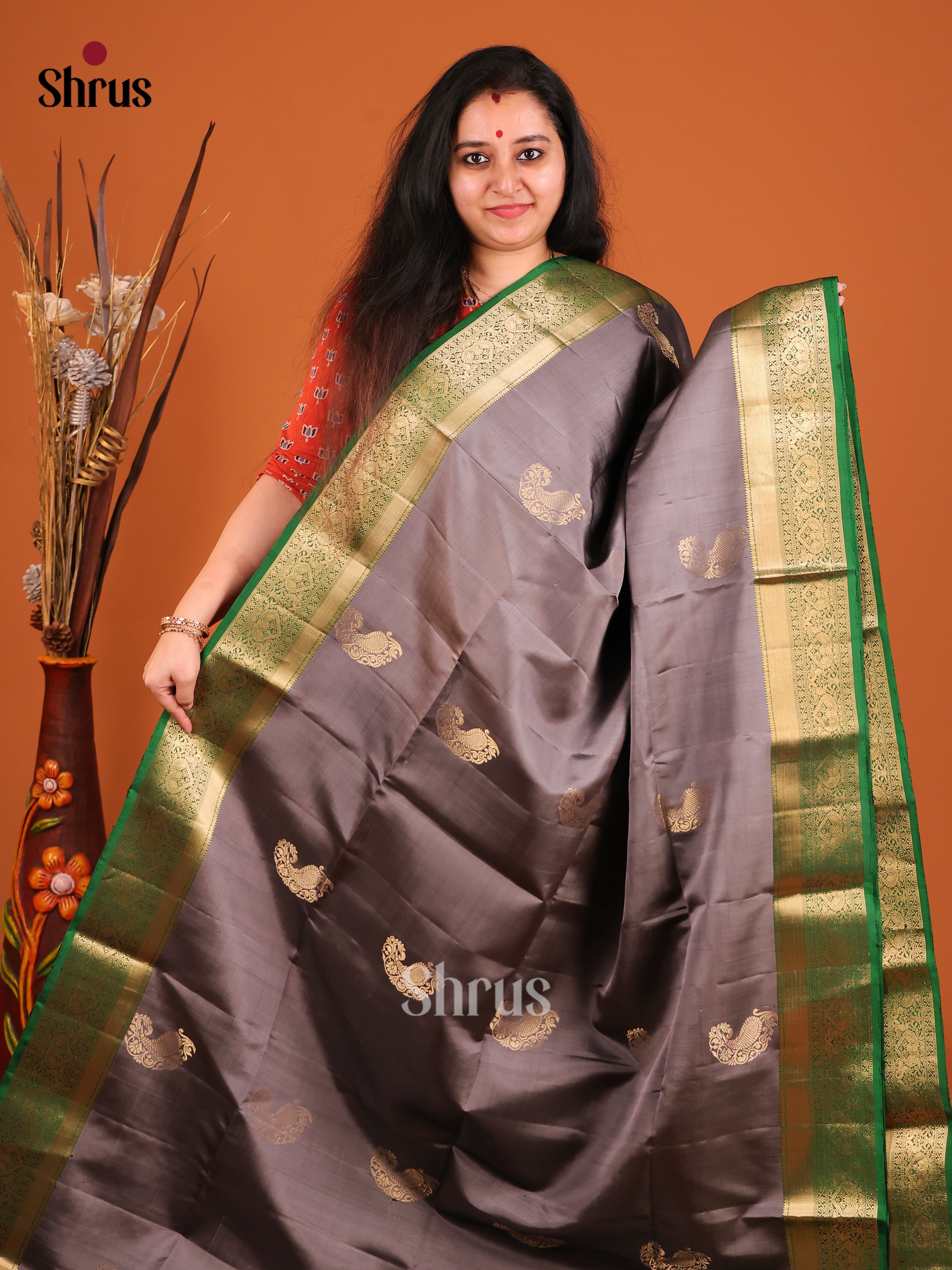 Elegant Grey Soft Silk Saree with gold Manga Motifs & Green Brocade Pallu 1