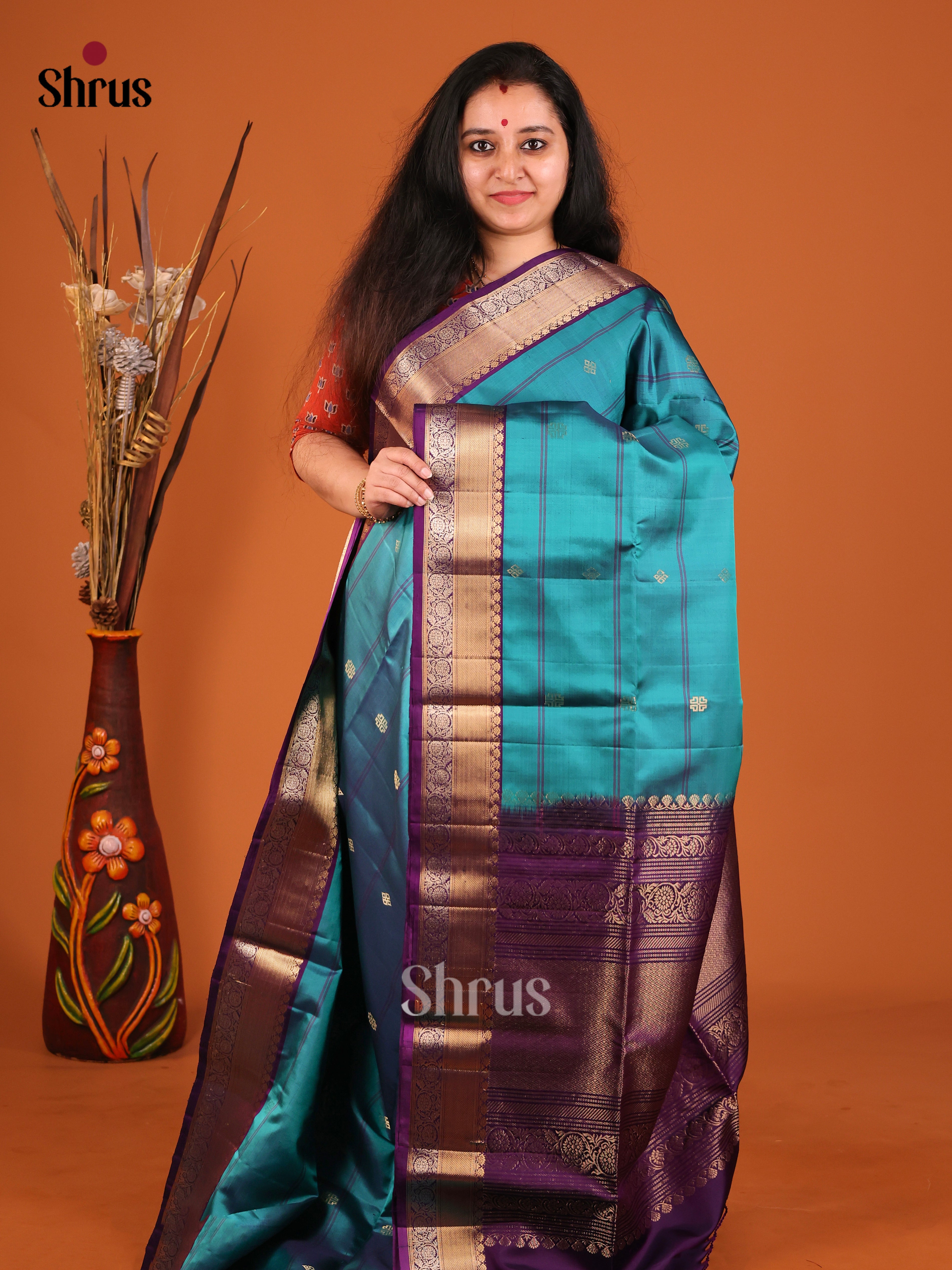 Regal Peacock Blue Soft Silk Saree with Stripes, Gold Buttas & Violet zari brocade pallu 