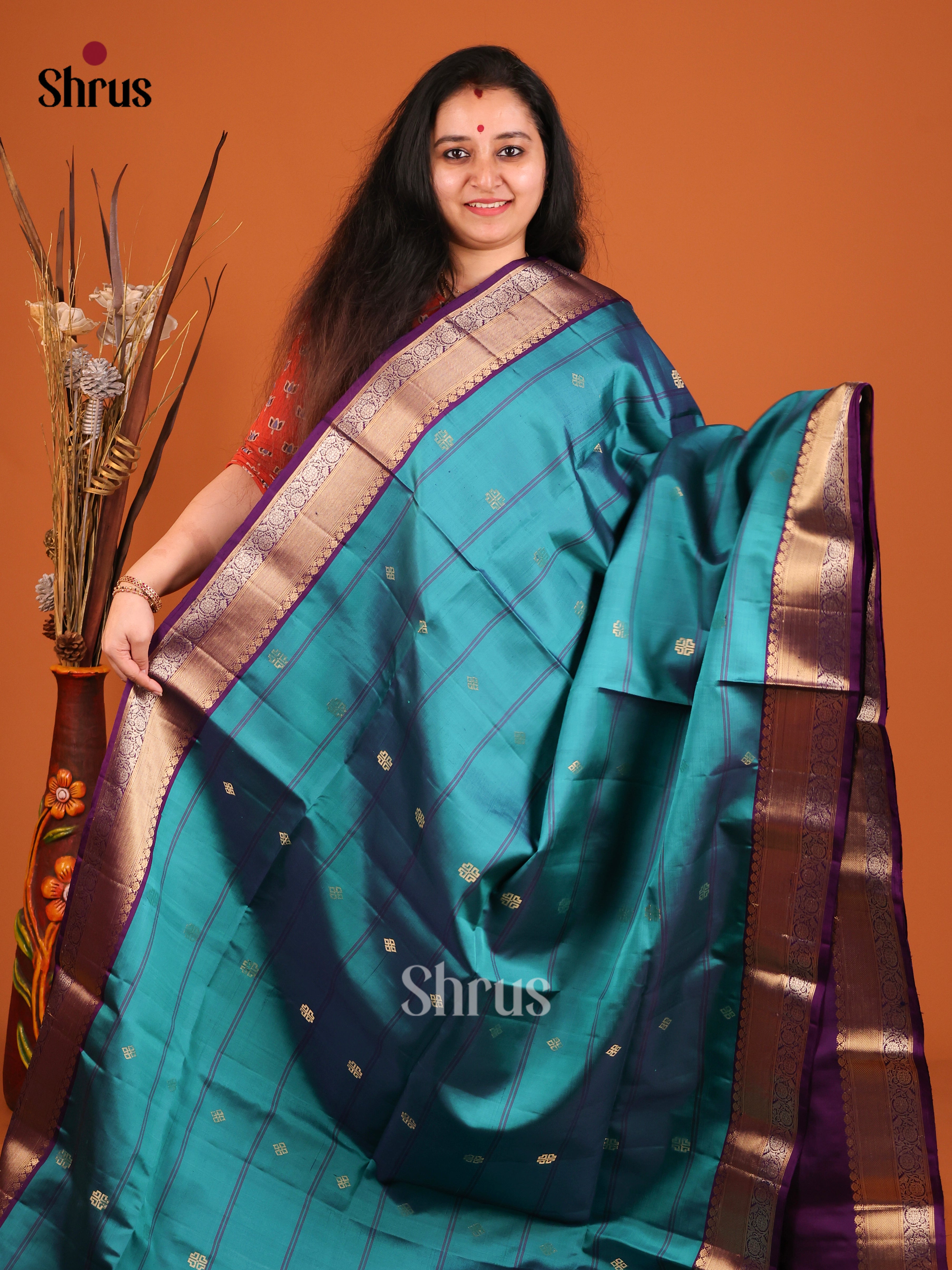 Regal Peacock Blue Soft Silk Saree with Stripes, Gold Buttas & Violet zari brocade pallu 1