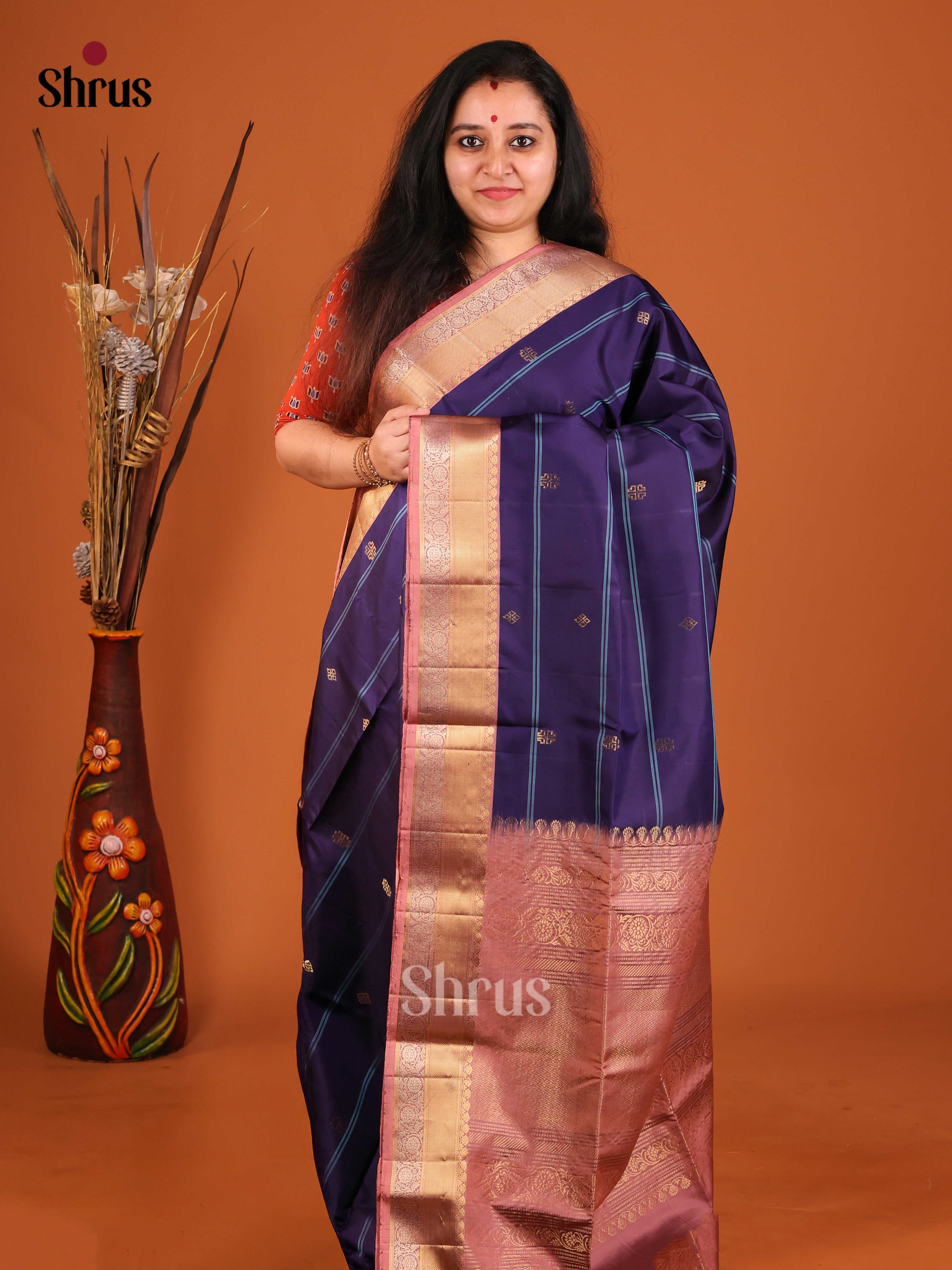Serene Blue Soft Silk Saree with Stripes, Gold Buttas & Onion Peel Brocade Pallu