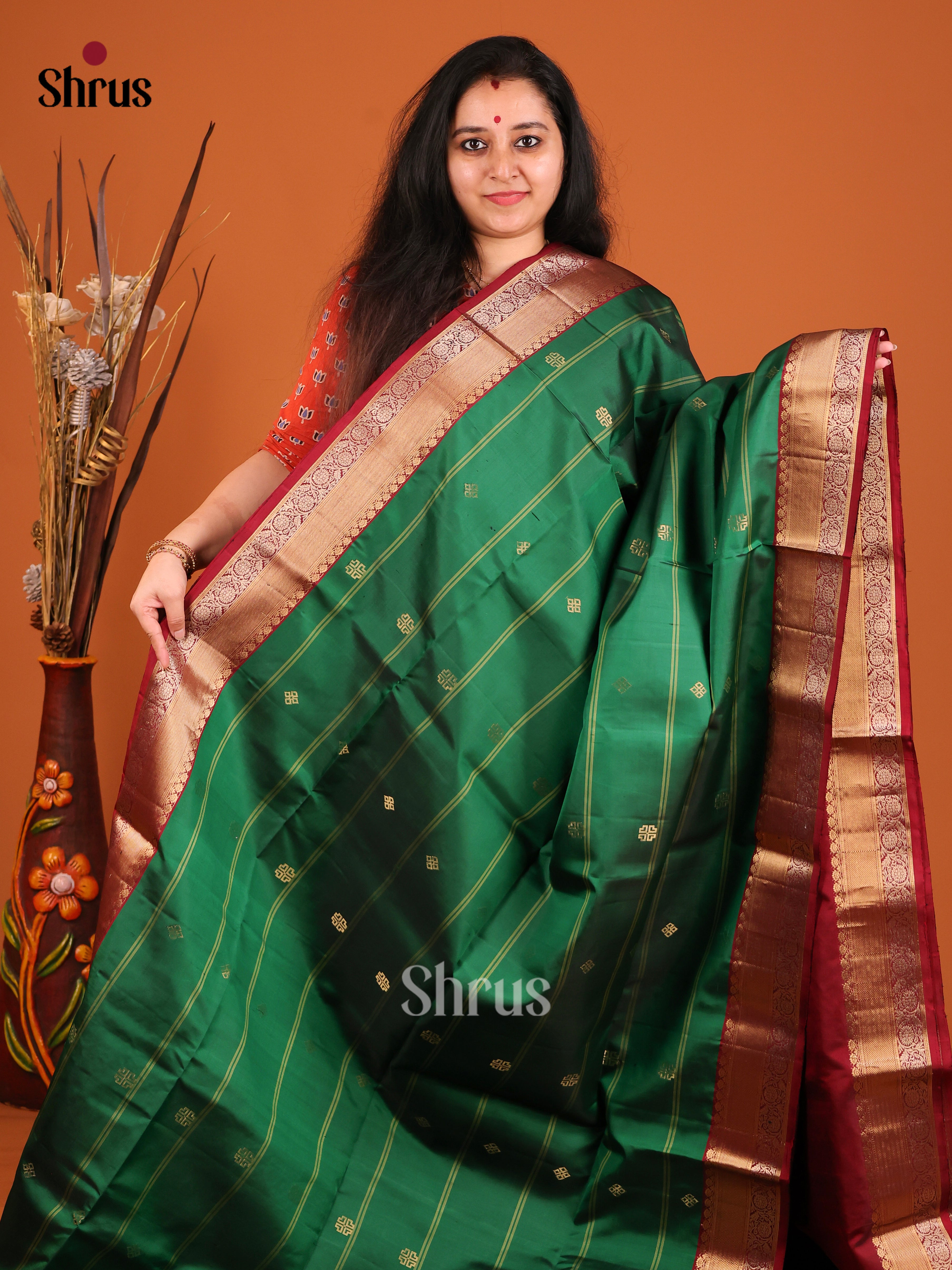 Radiant Green & Maroon Soft Silk Saree with gold zari buttas , stripes - Shop on Shrus.com