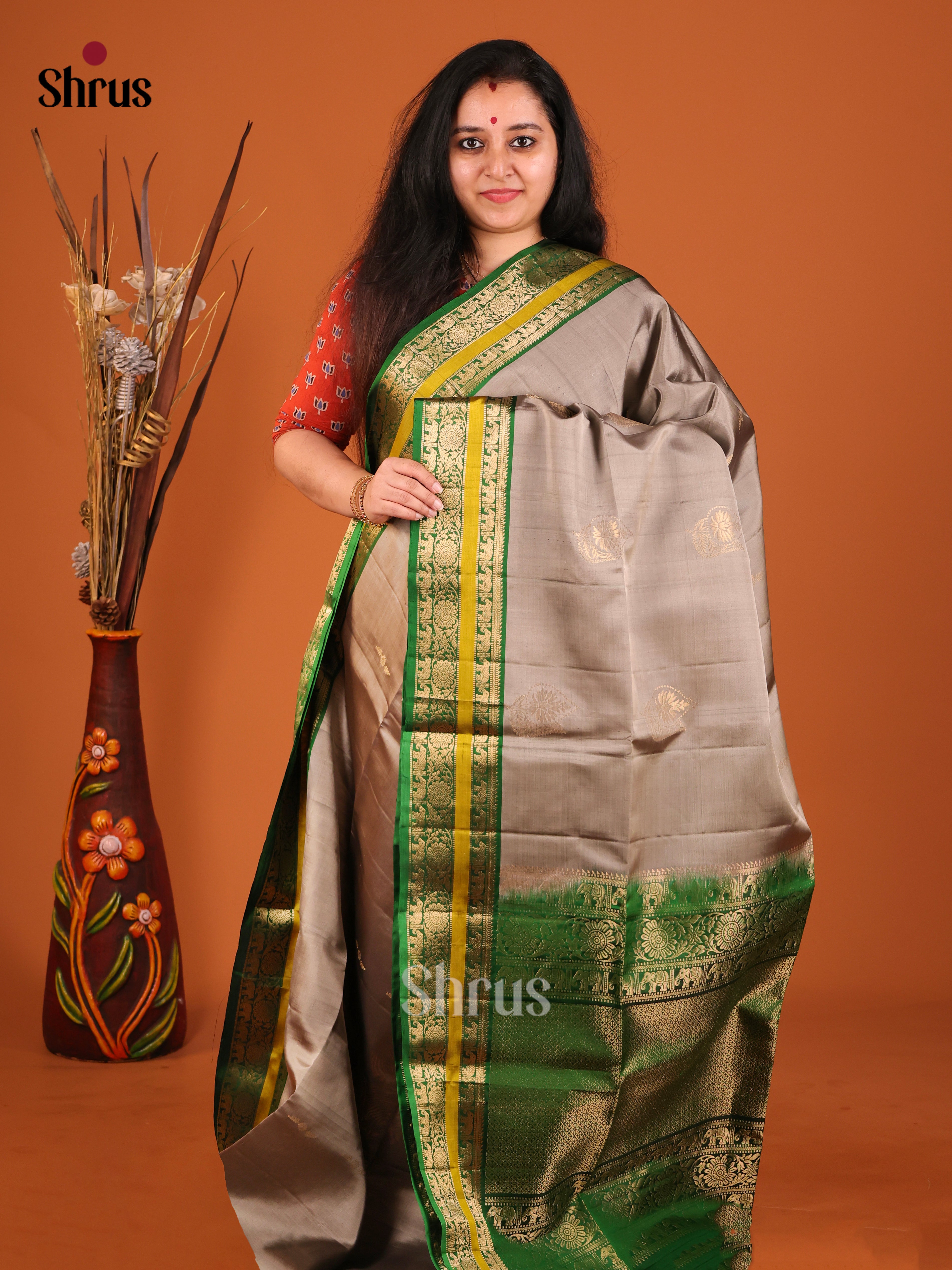 Classic Grey Soft Silk Saree with Golden Floral Motifs & Green Rettaipet Zari Border