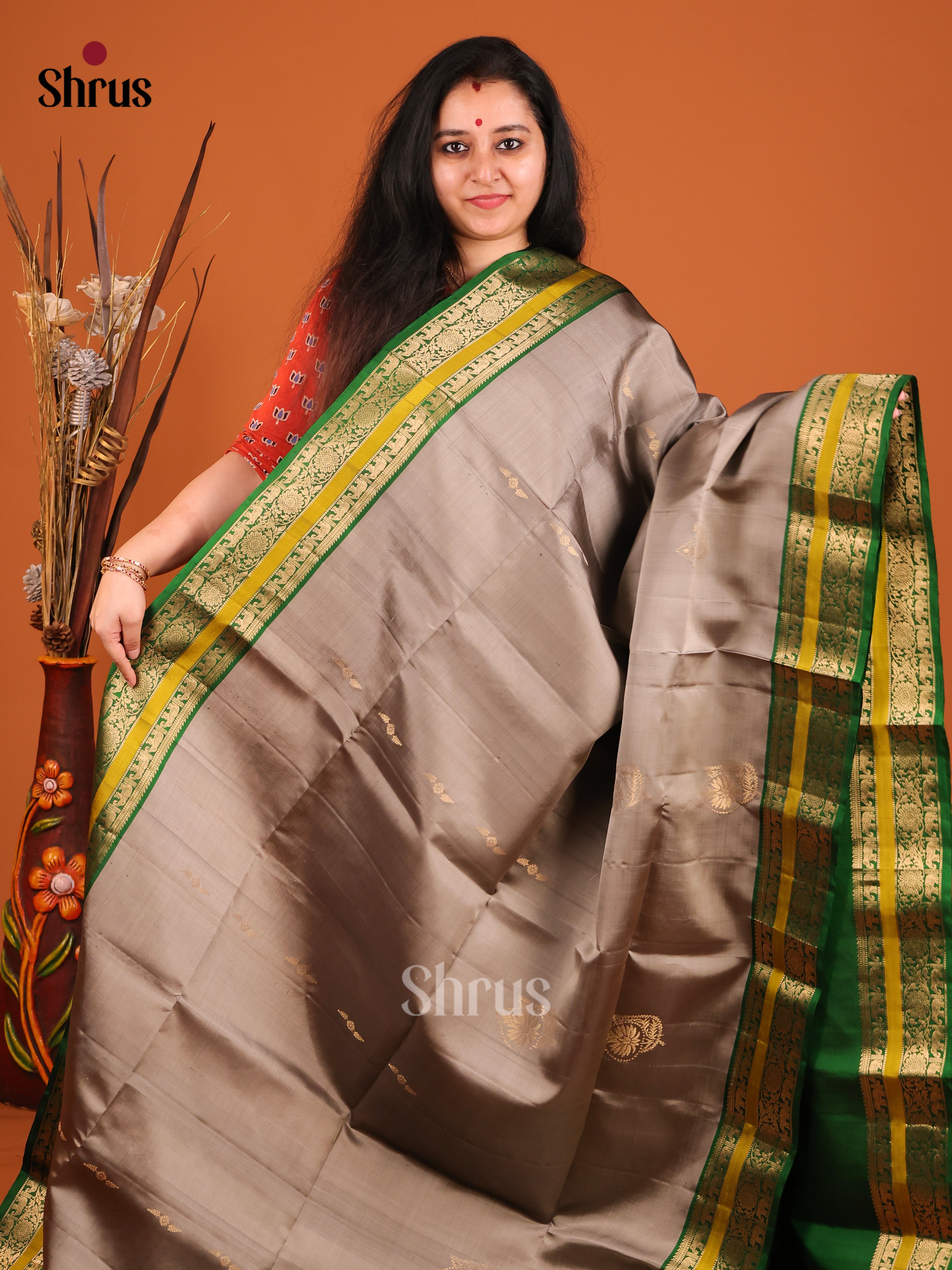 Classic Grey Soft Silk Saree with Golden Floral Motifs & Green Rettaipet Zari Border 1