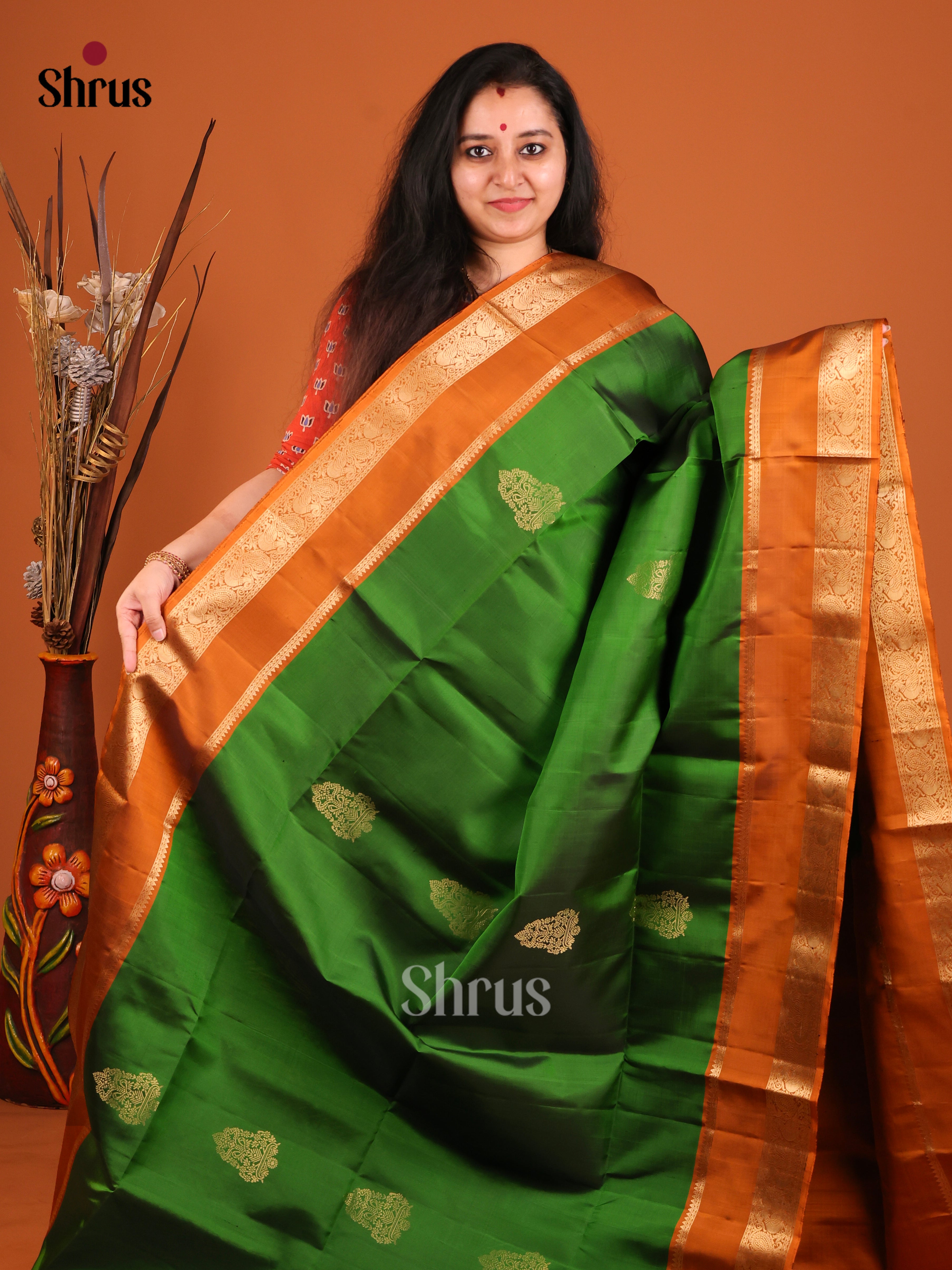 Luminous Green Soft Silk Saree with gold floral Motifs & Brick Zari Woven Border 1