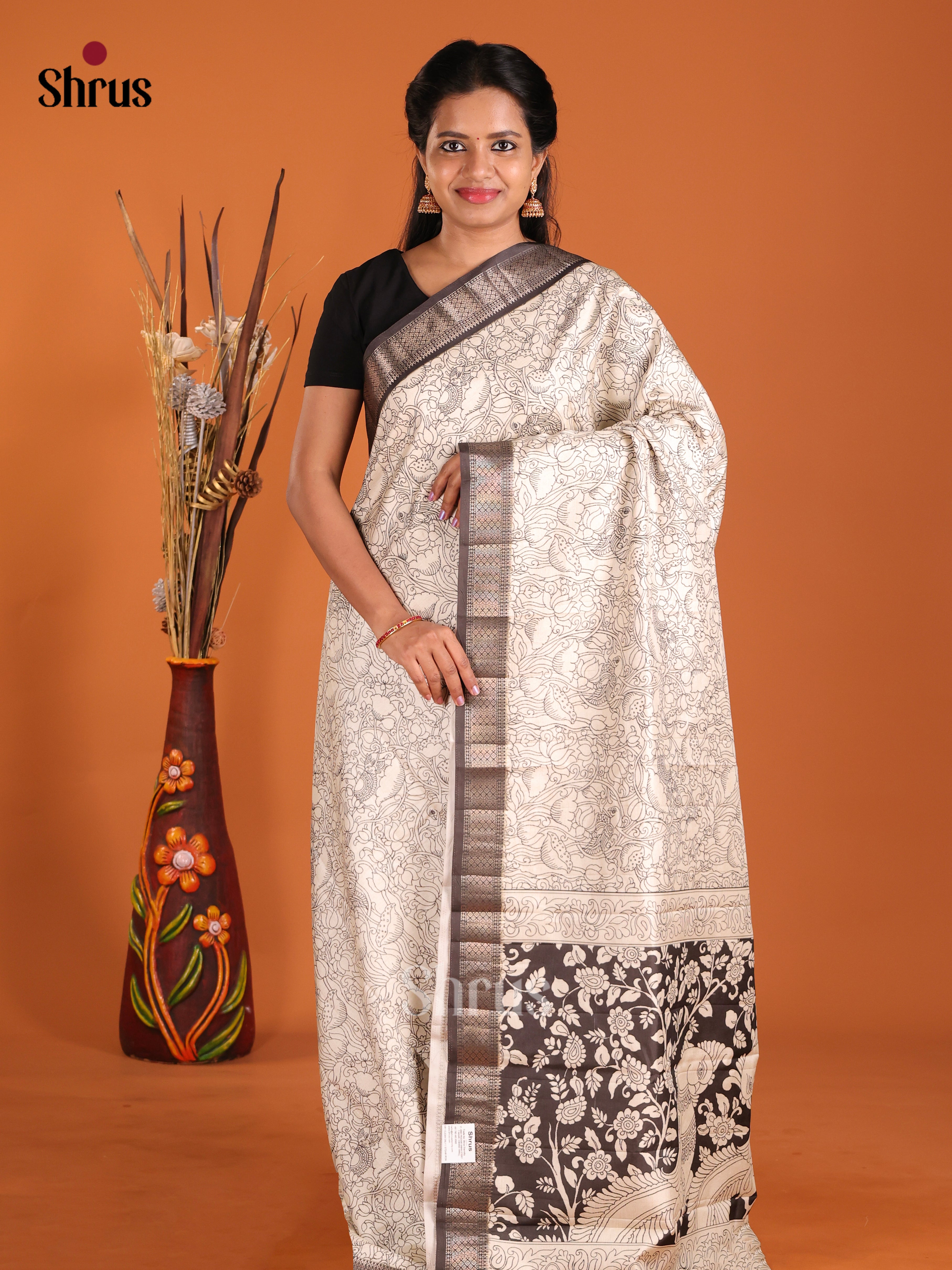 Cream & Black - Semi Tussar Saree