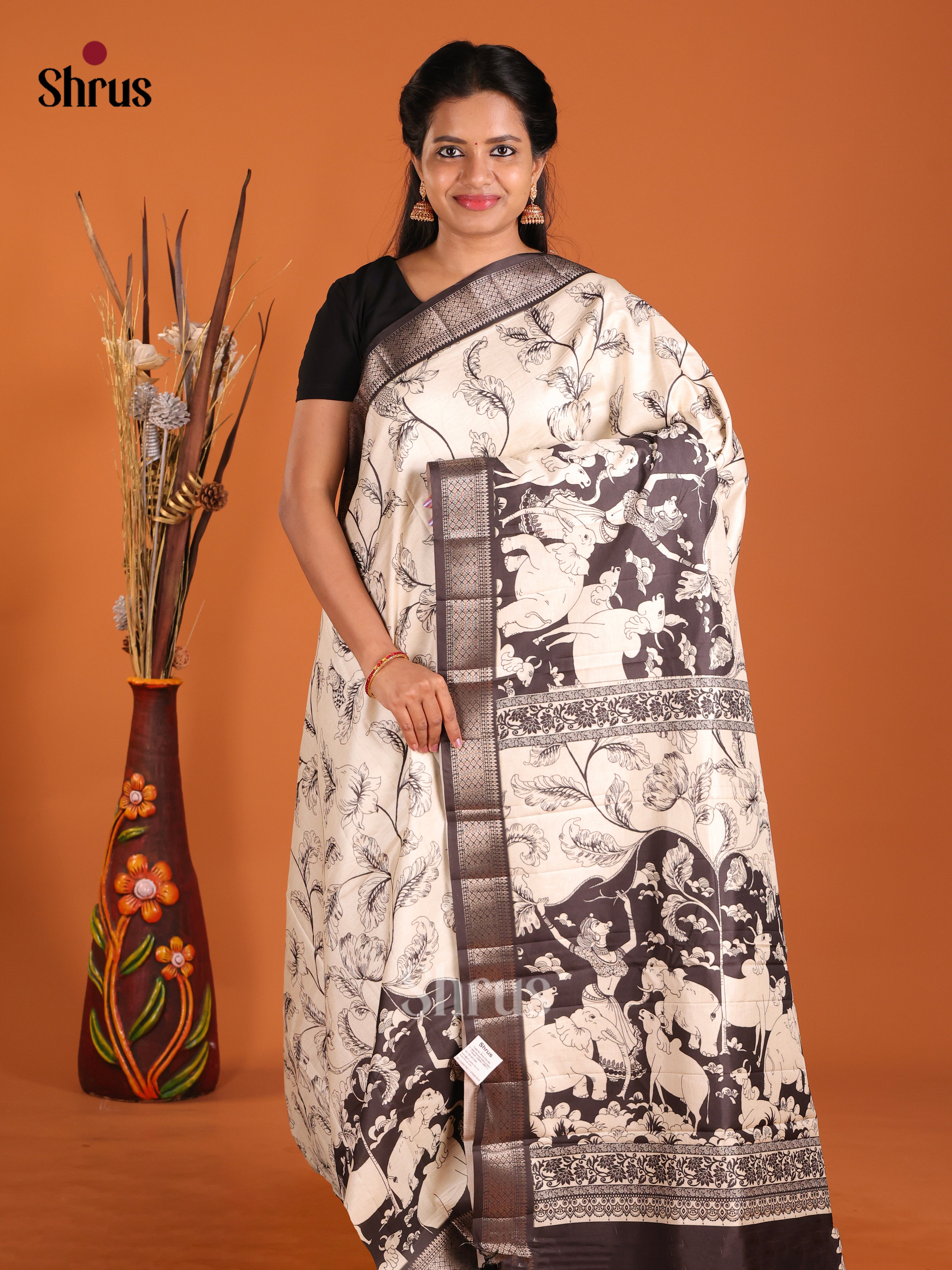 Cream & Black- Semi Tussar Saree