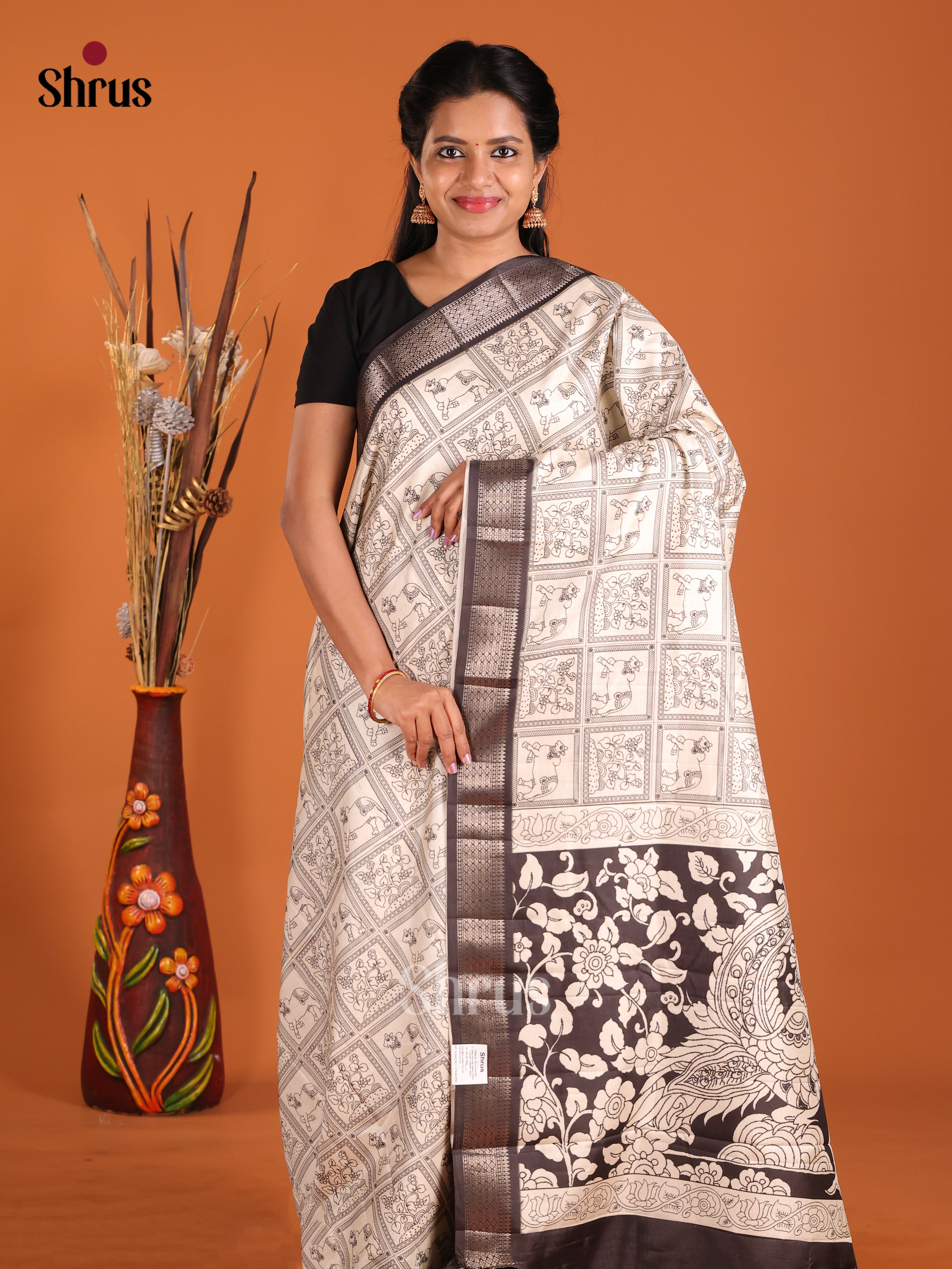 Cream & Black - Semi Tussar Saree