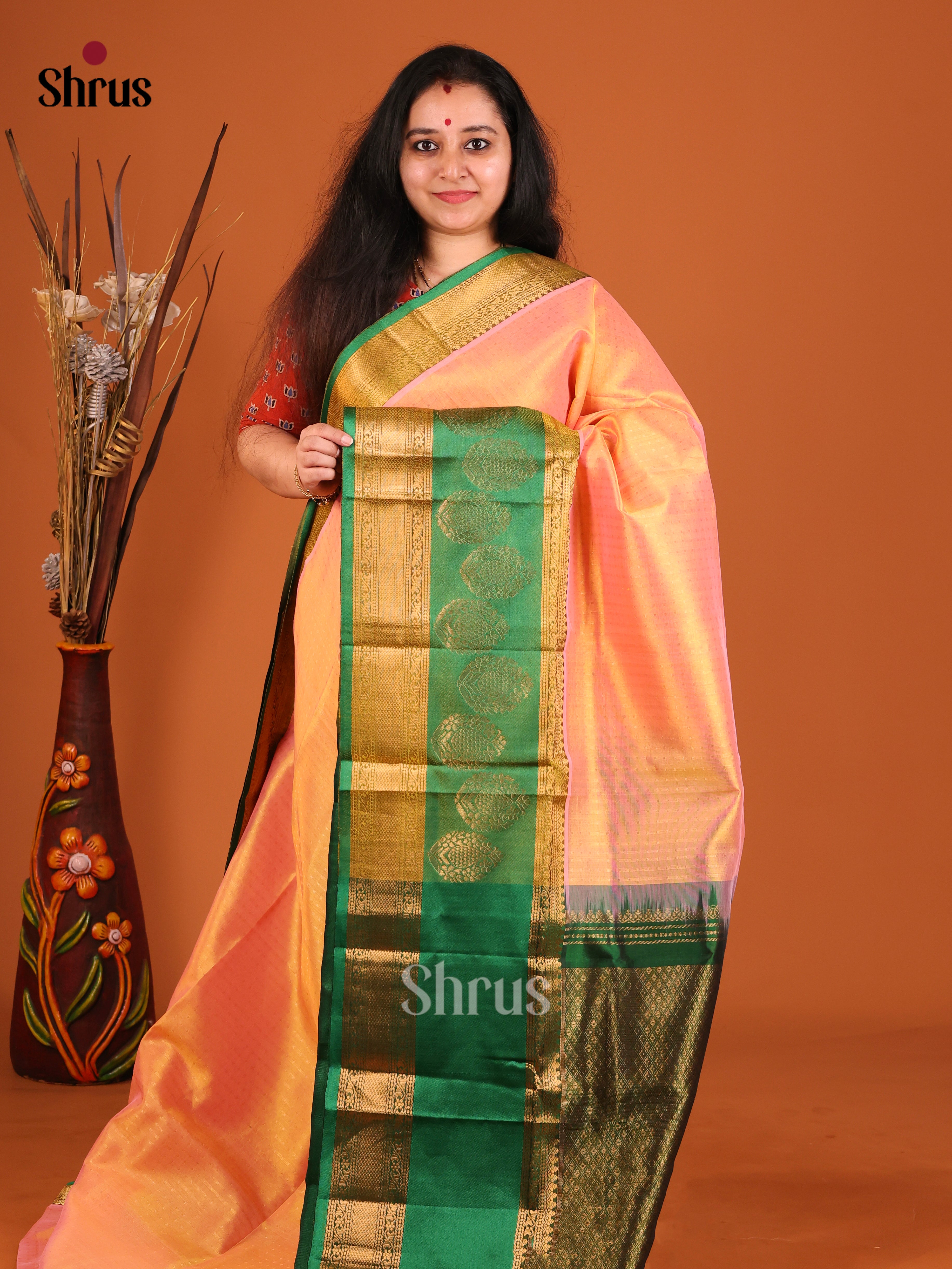 Peachish Orange & Green  - Silk Cotton Korvai-Big border Saree