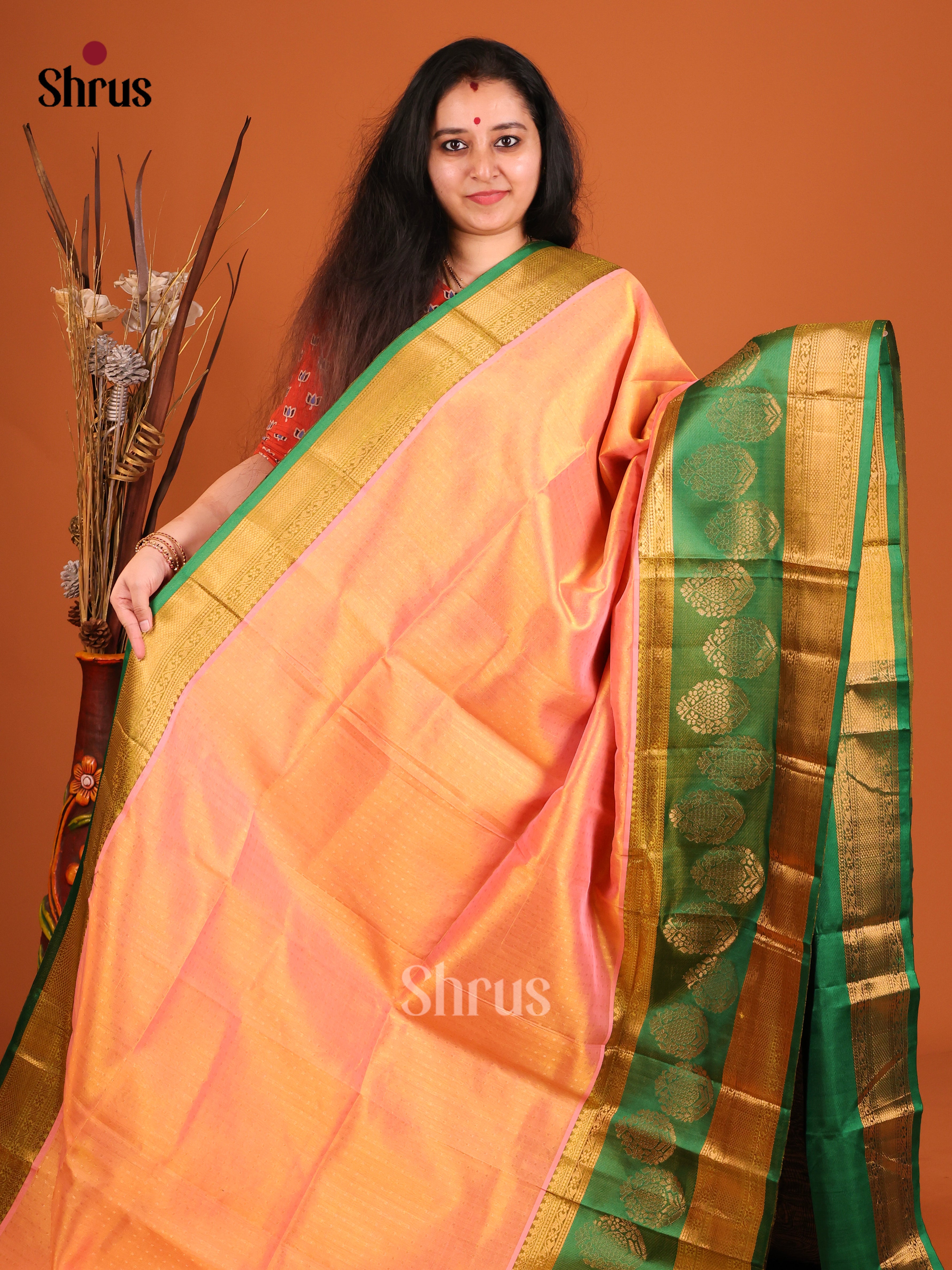 Peachish Orange & Green  - Silk Cotton Korvai-Big border Saree
