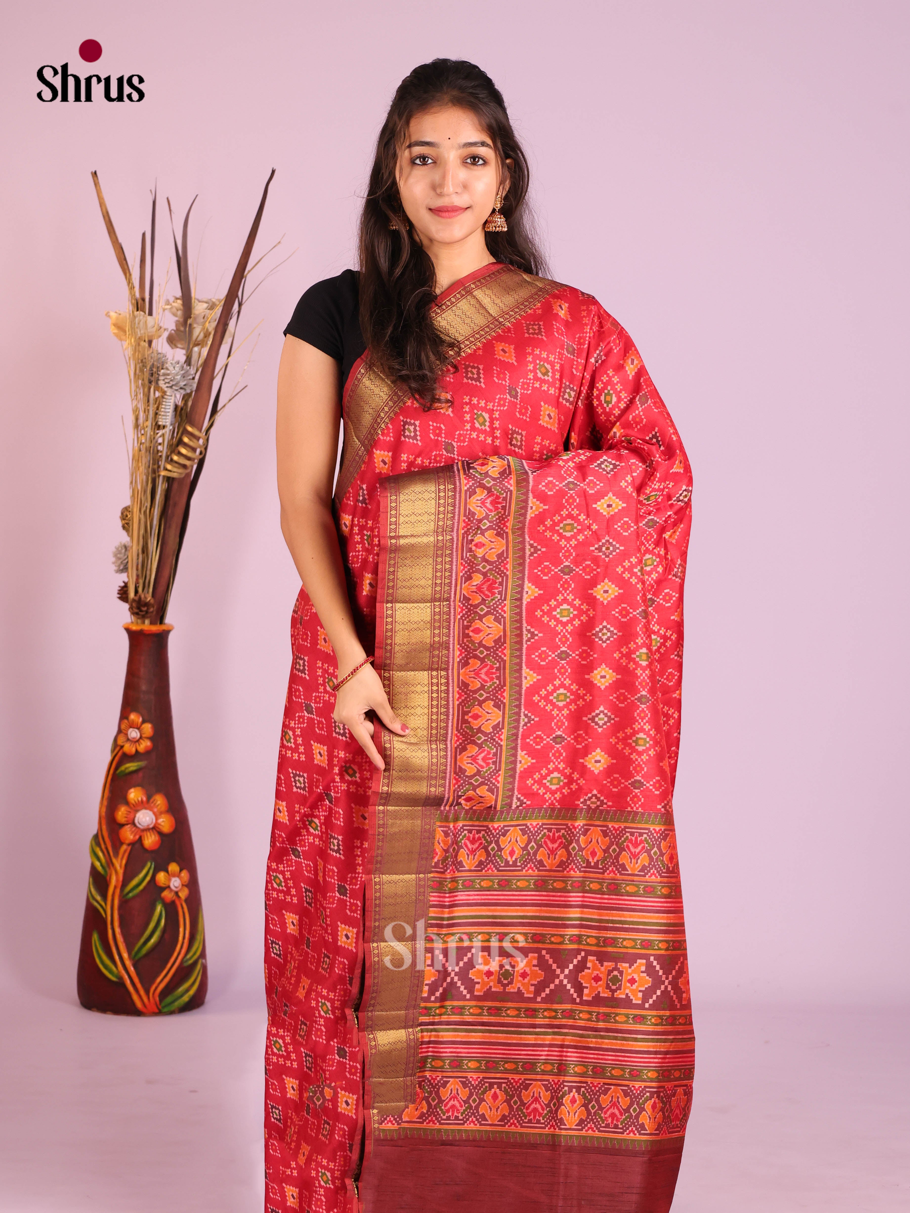 Red & Maroon - Semi Patola Saree