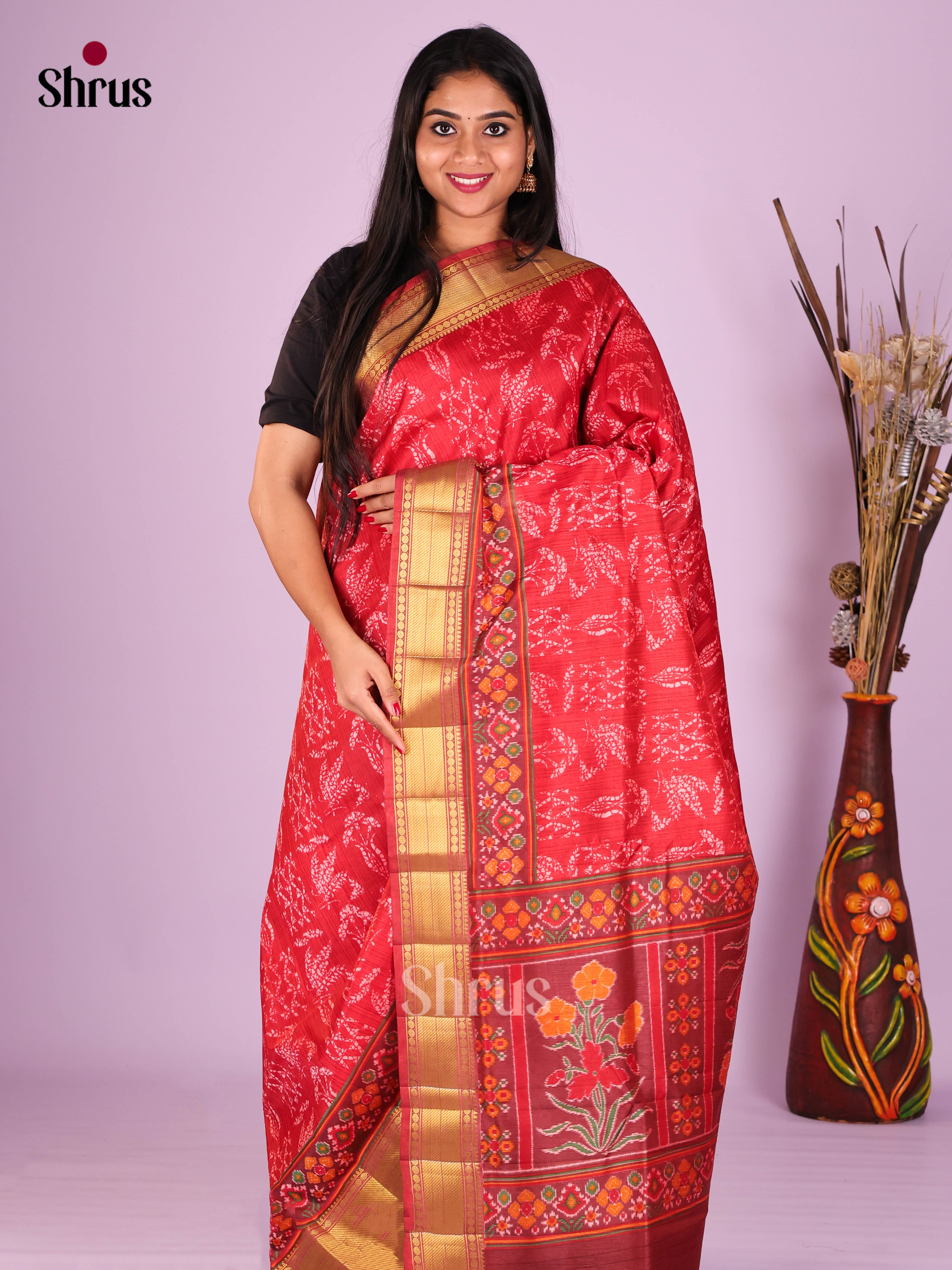 Red & maroon - Semi Patola Saree