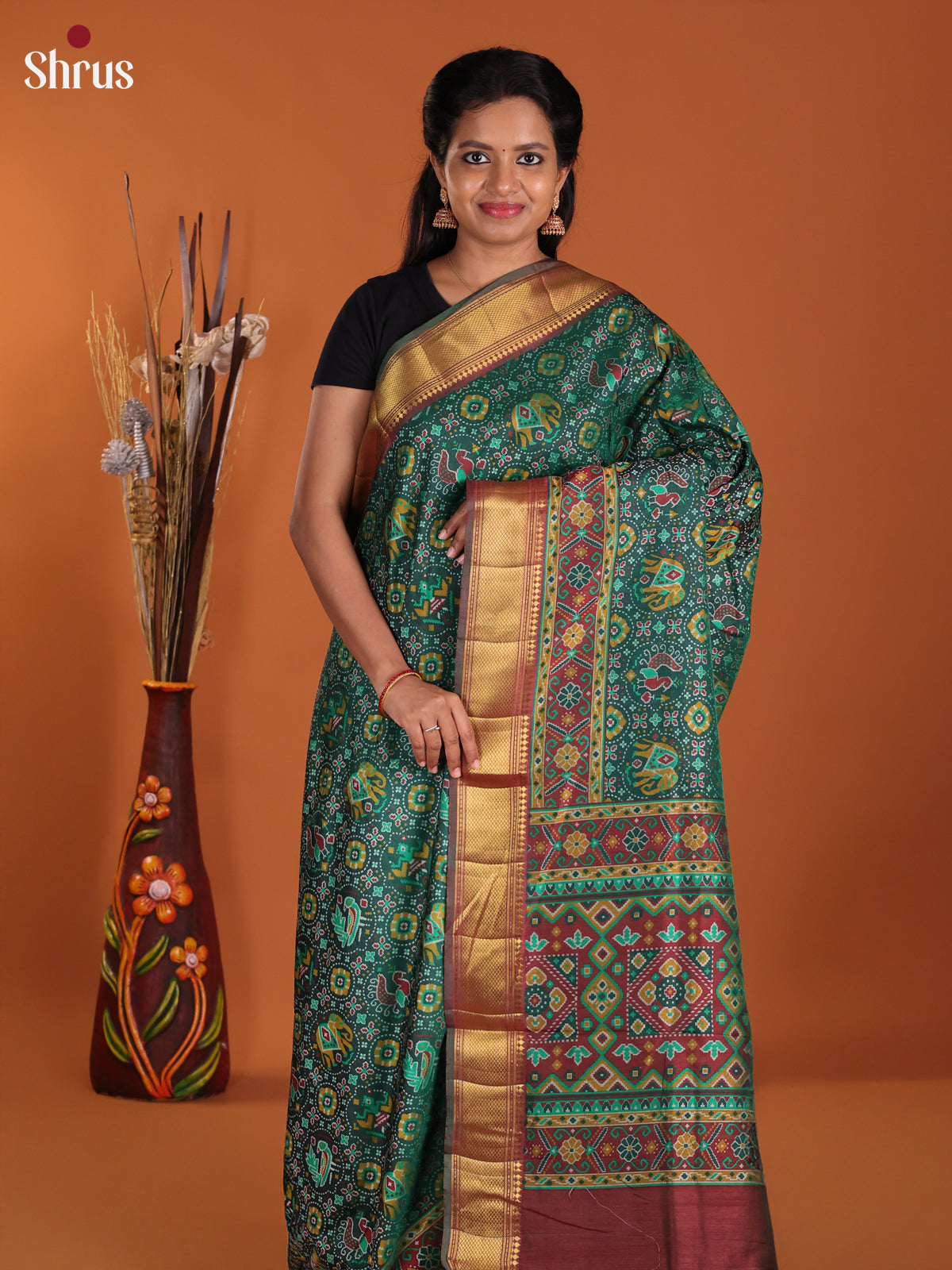 Green & Maroon - Semi Patola Saree
